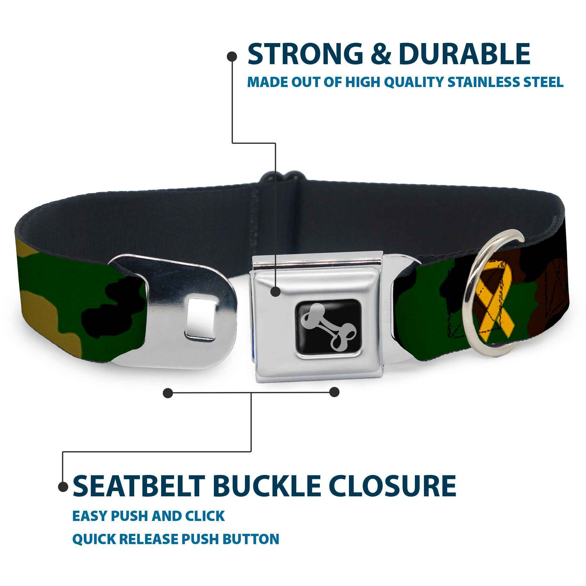 Buckle-Down Support Our Troops Camo Olive/Yellow Ribbon Seatbelt Buckle Dog Collar