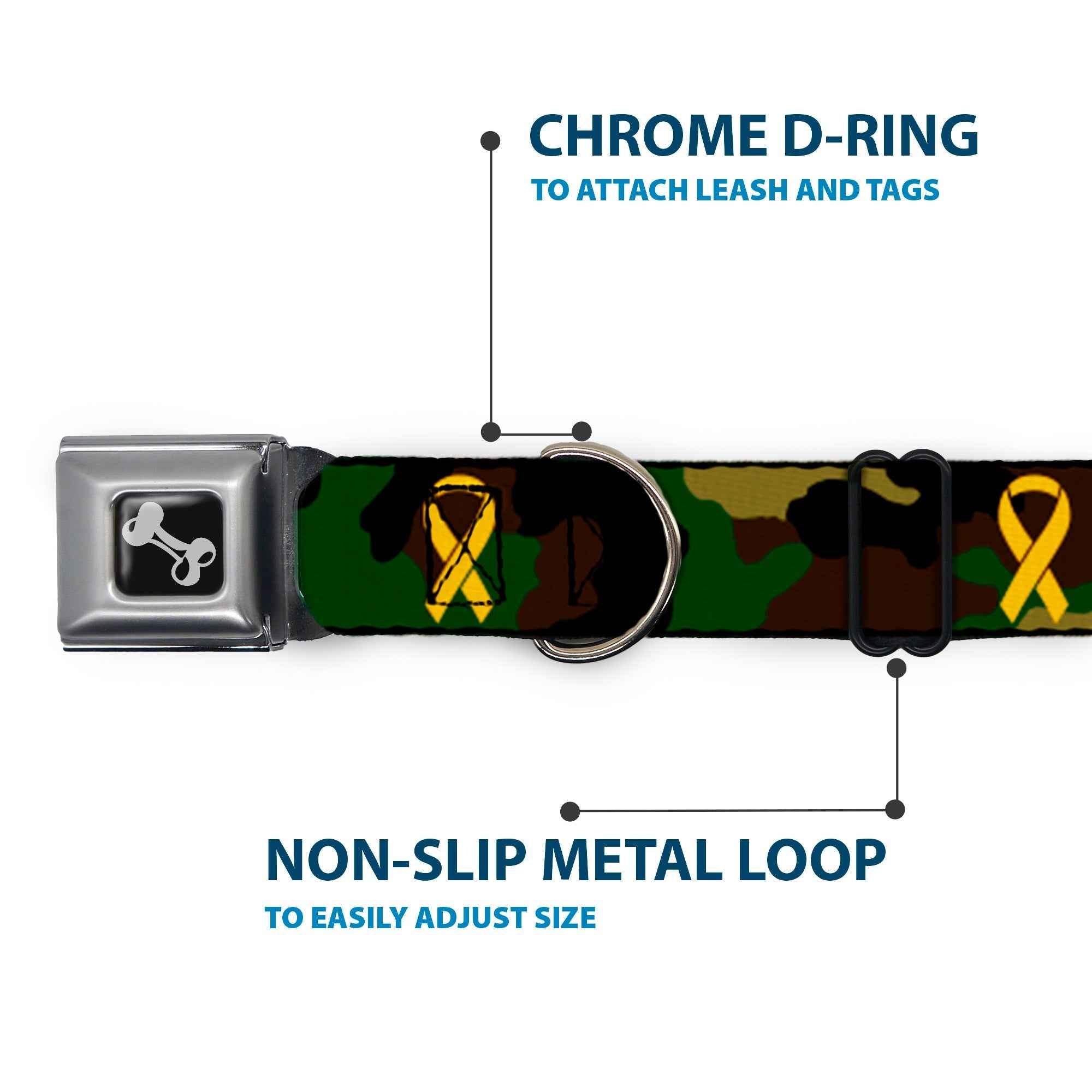 Buckle-Down Support Our Troops Camo Olive/Yellow Ribbon Seatbelt Buckle Dog Collar