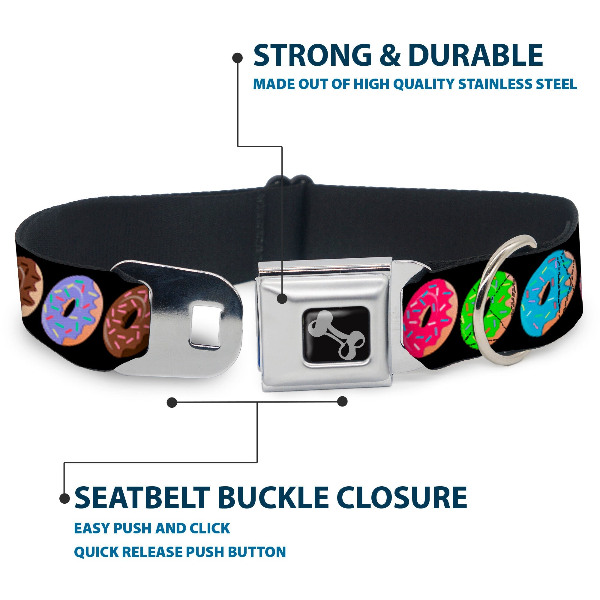 Buckle-Down Sprinkle Donuts Black/Multicolor Seatbelt Buckle Dog Collar