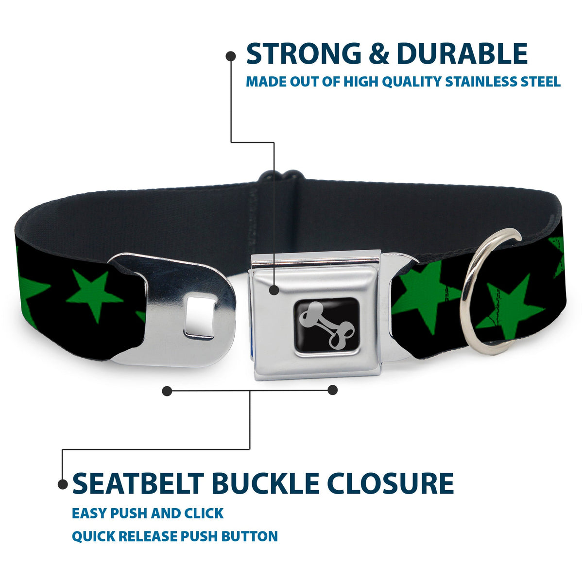 Dog Bone Seatbelt Buckle Collar - Stars Scattered Black/Green
