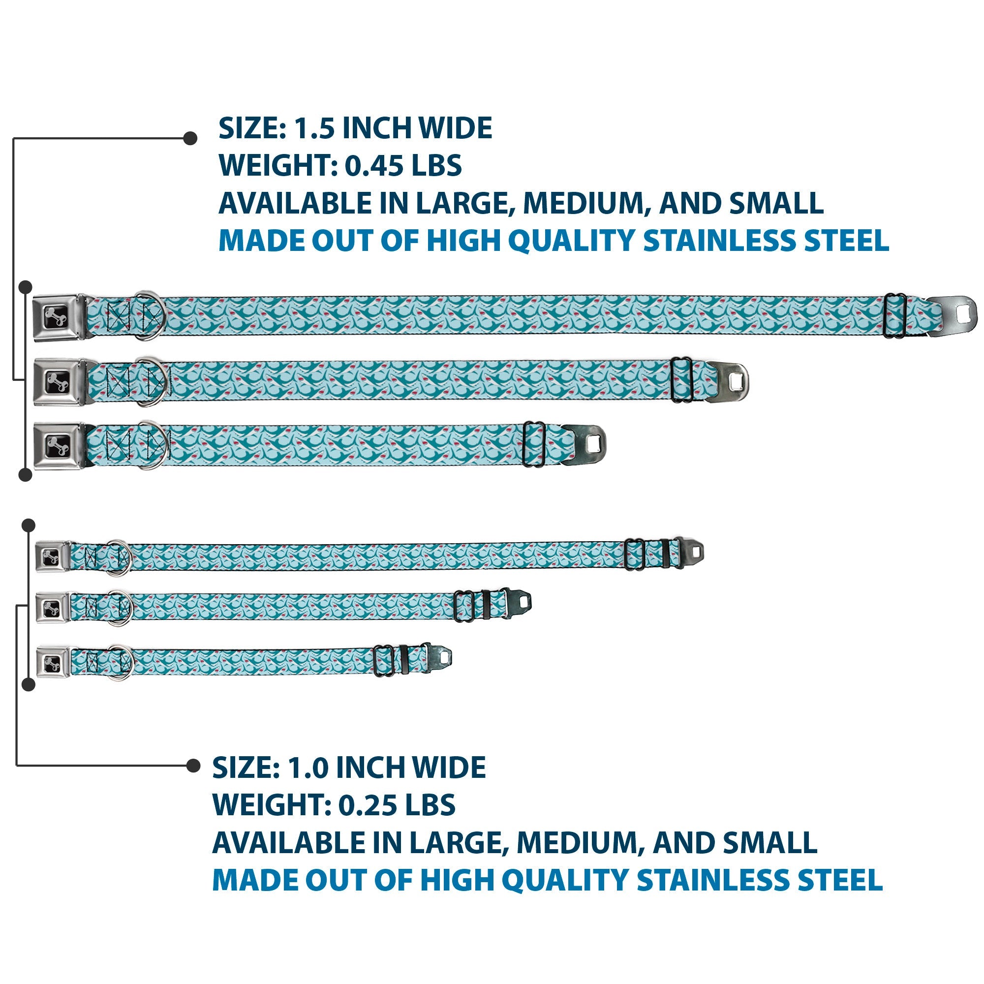 Dog Bone Seatbelt Buckle Collar - Shark 3-Rows Light Blue