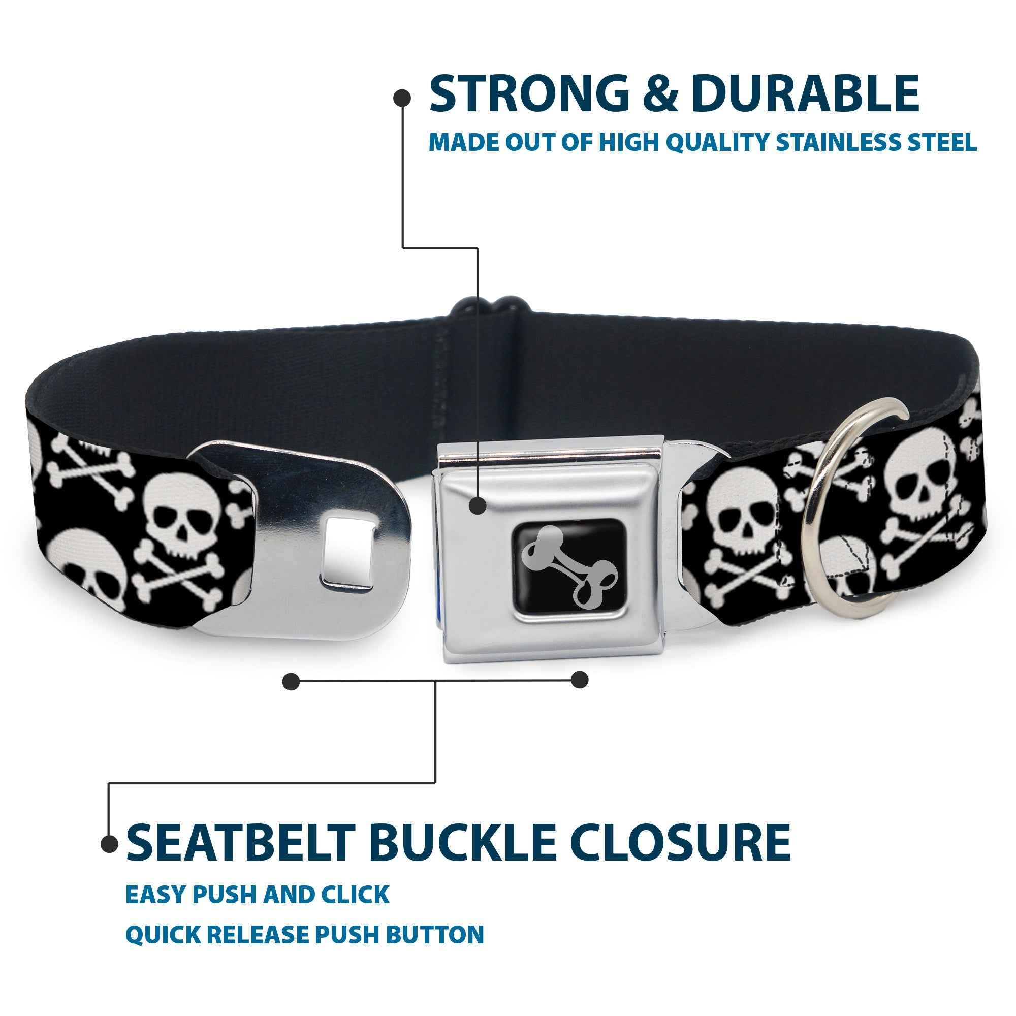 Buckle-Down Dog Bone Black/Silver Seatbelt Buckle Dog Collar - Skull & Cross Bones Staggered Black/White