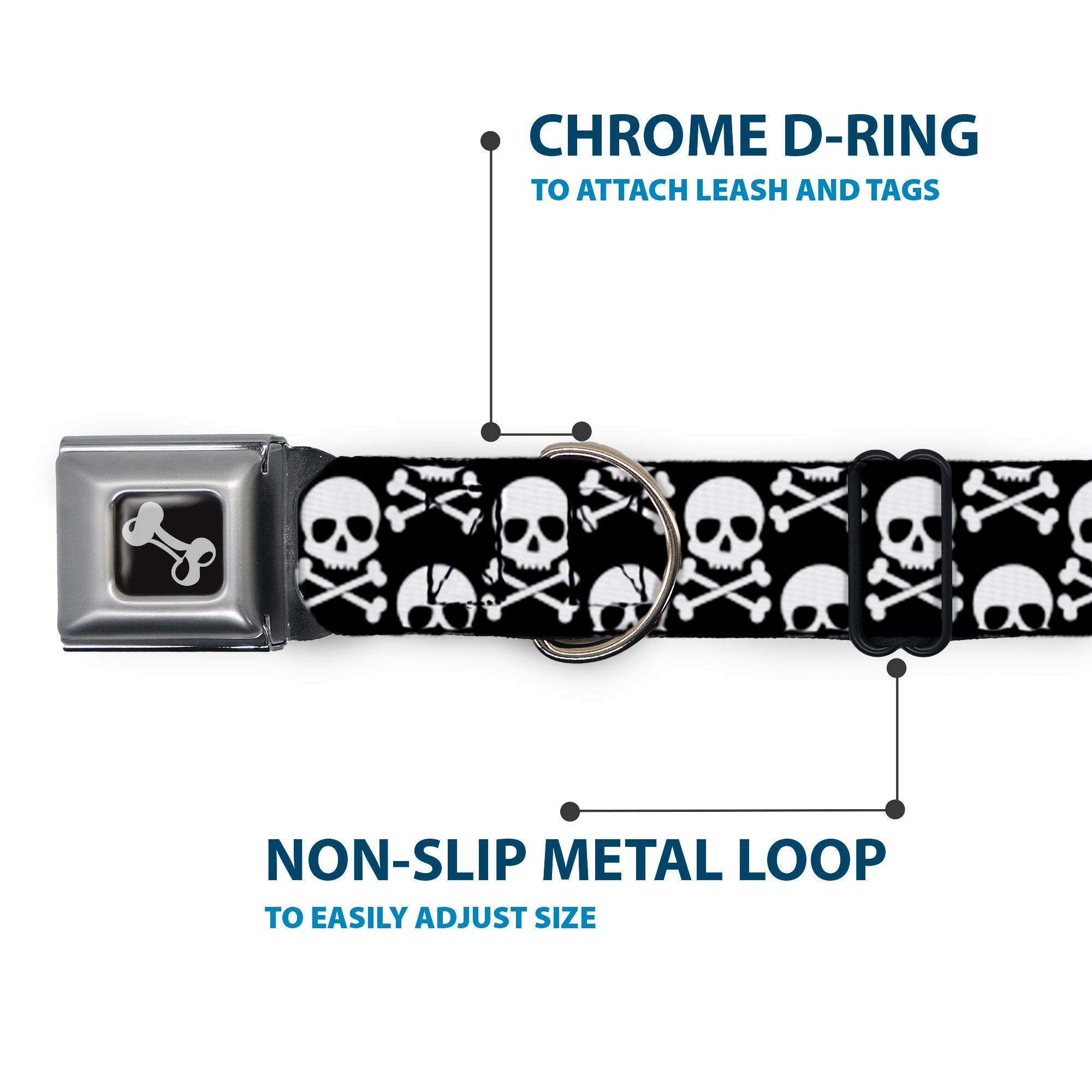 Buckle-Down Dog Bone Black/Silver Seatbelt Buckle Dog Collar - Skull & Cross Bones Staggered Black/White