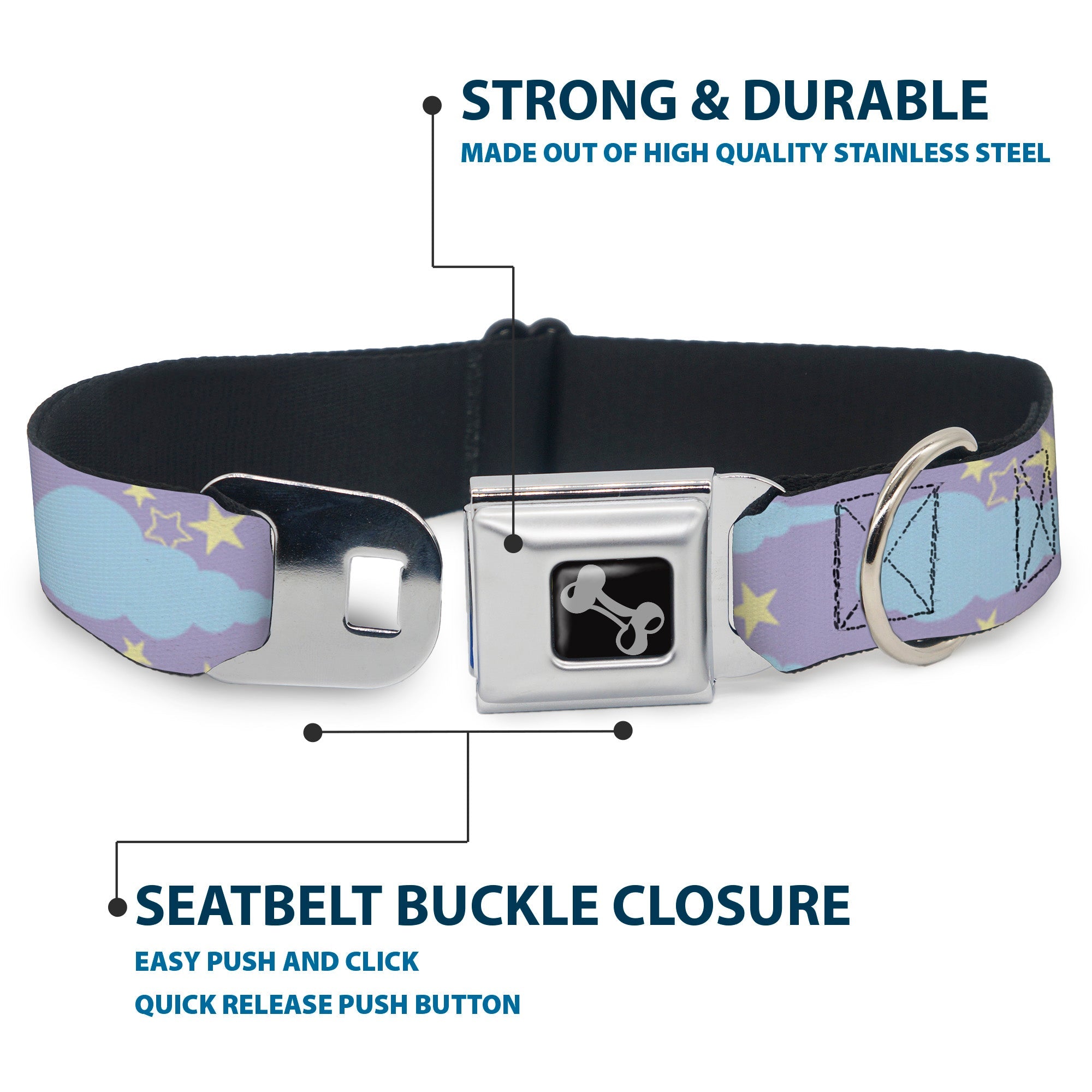 Dog Bone Seatbelt Buckle Collar - Cloudy/Starry Sky Lavender/Blue/Yellow