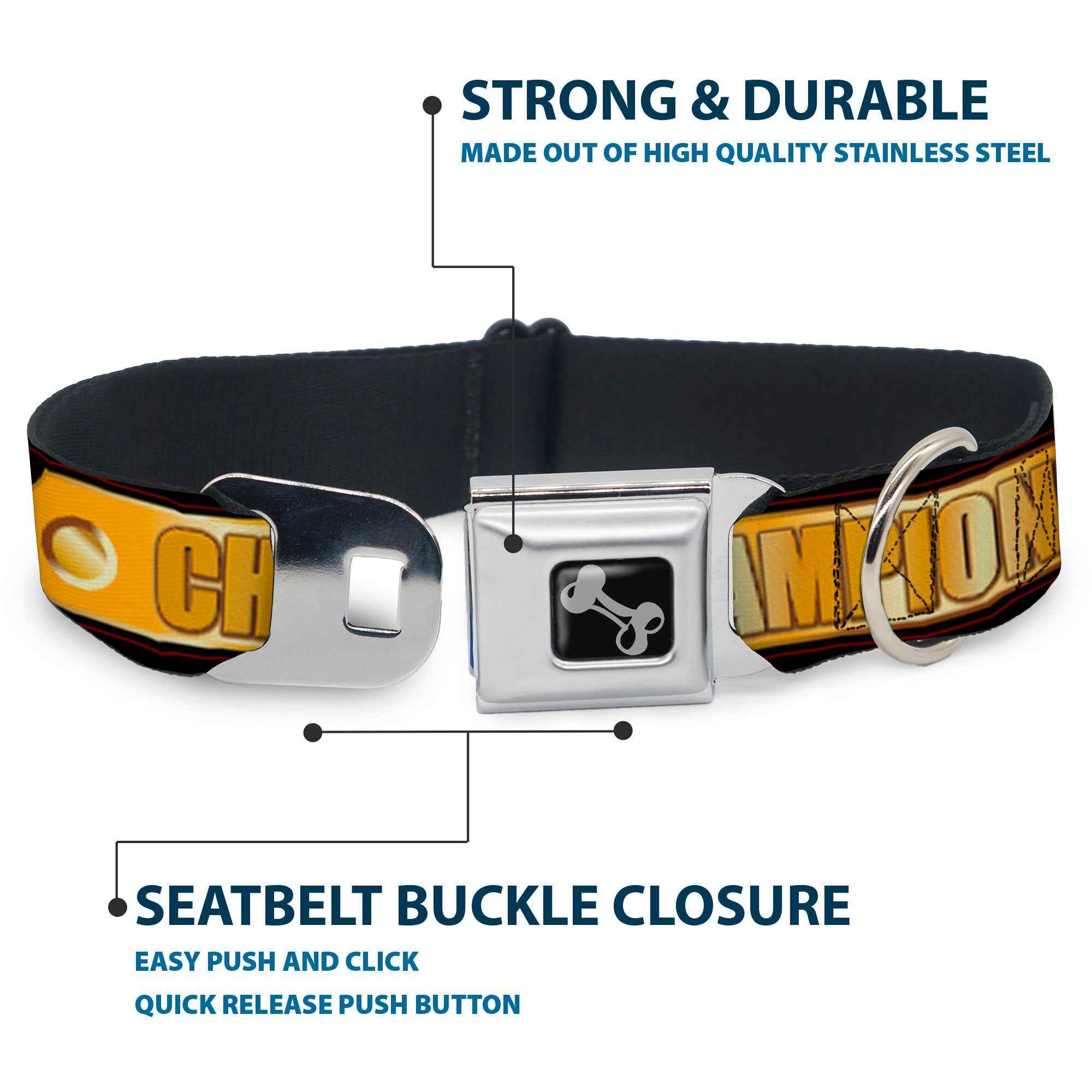 Buckle-Down Champion Belt/Icons Black/Golds Seatbelt Buckle Dog Collar