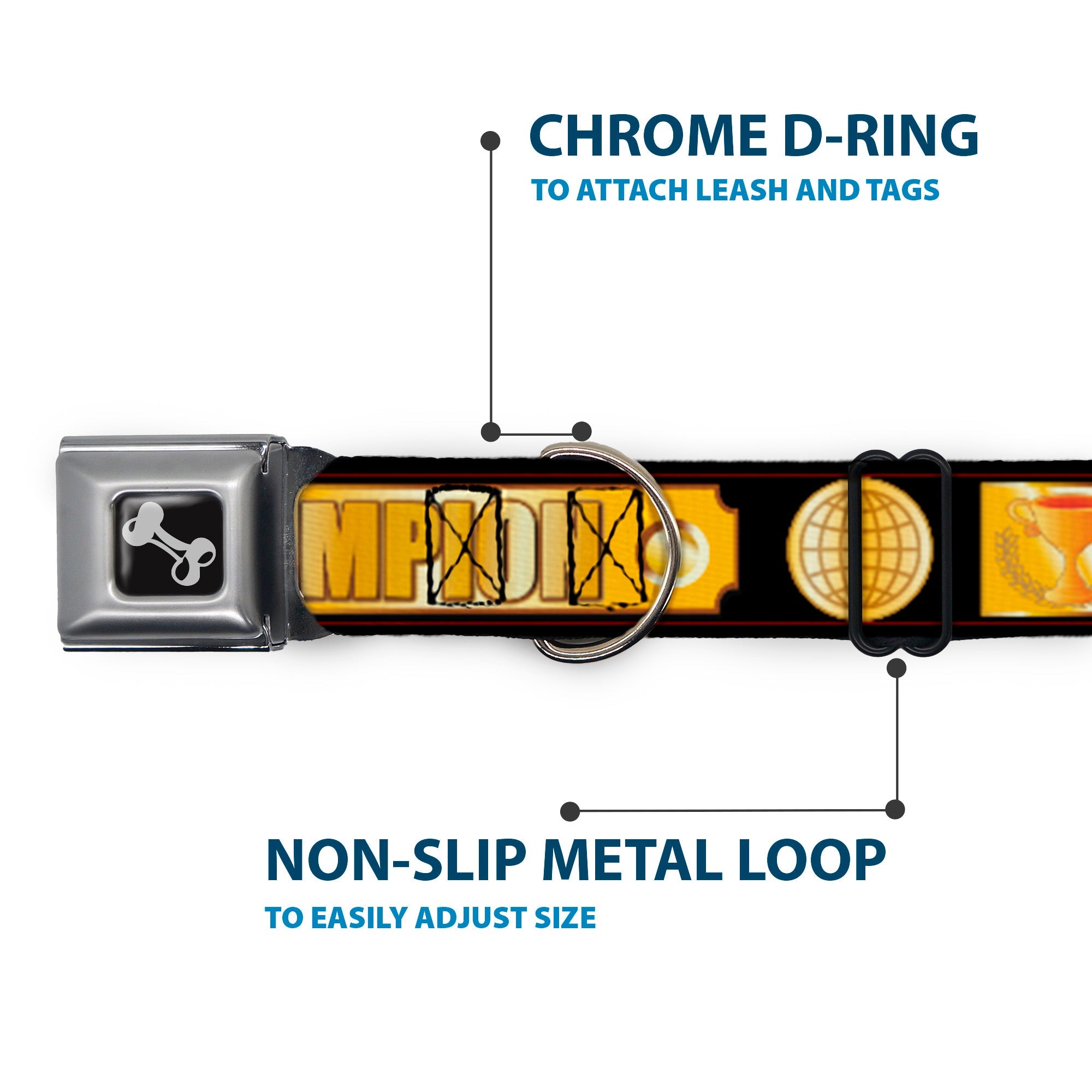 Buckle-Down Champion Belt/Icons Black/Golds Seatbelt Buckle Dog Collar