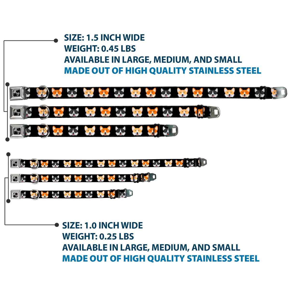 Dog Bone Seatbelt Buckle Collar - Corgi 3-Faces Black