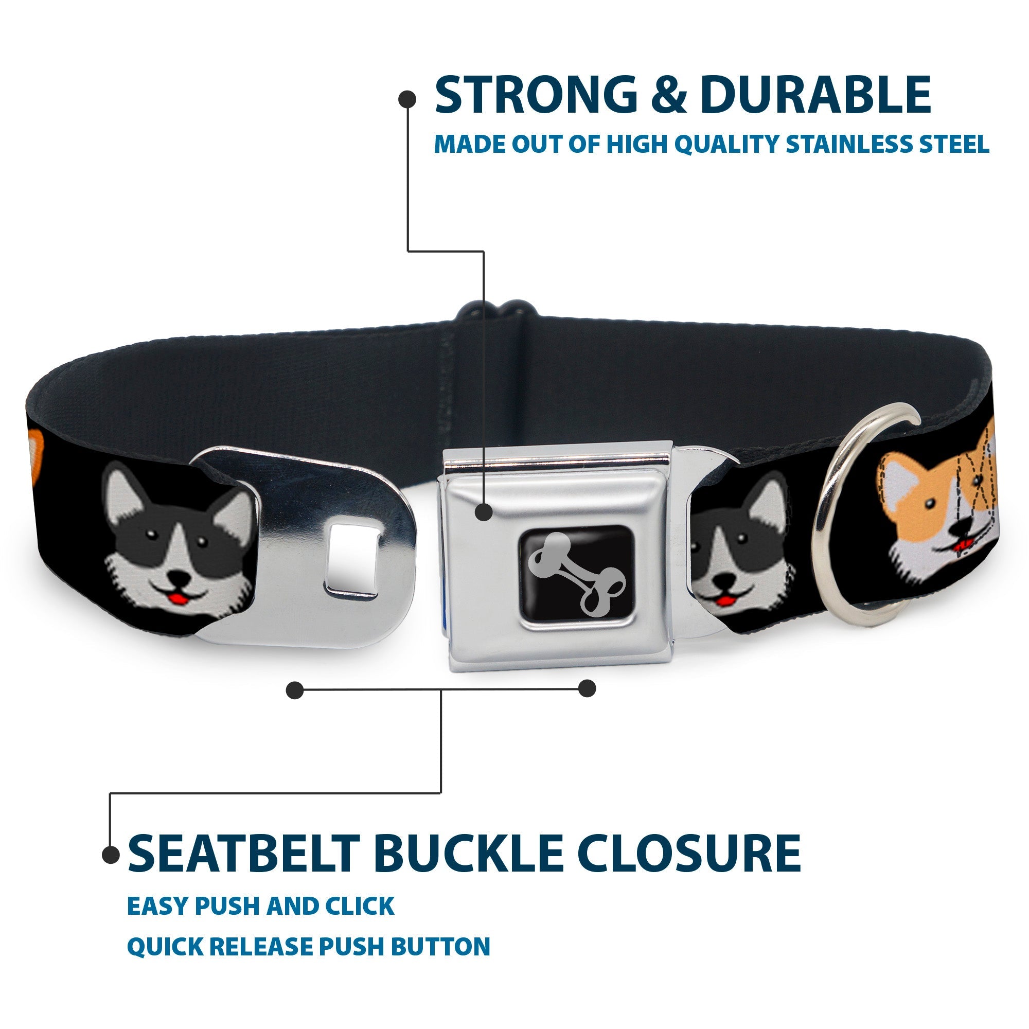 Dog Bone Seatbelt Buckle Collar - Corgi 3-Faces Black