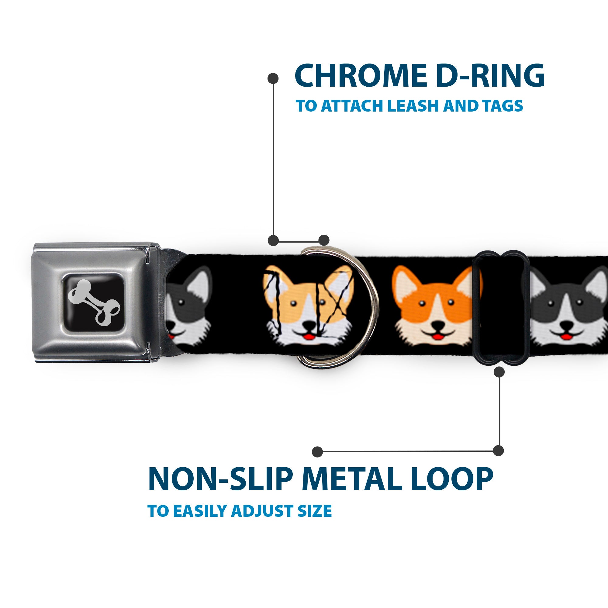 Dog Bone Seatbelt Buckle Collar - Corgi 3-Faces Black