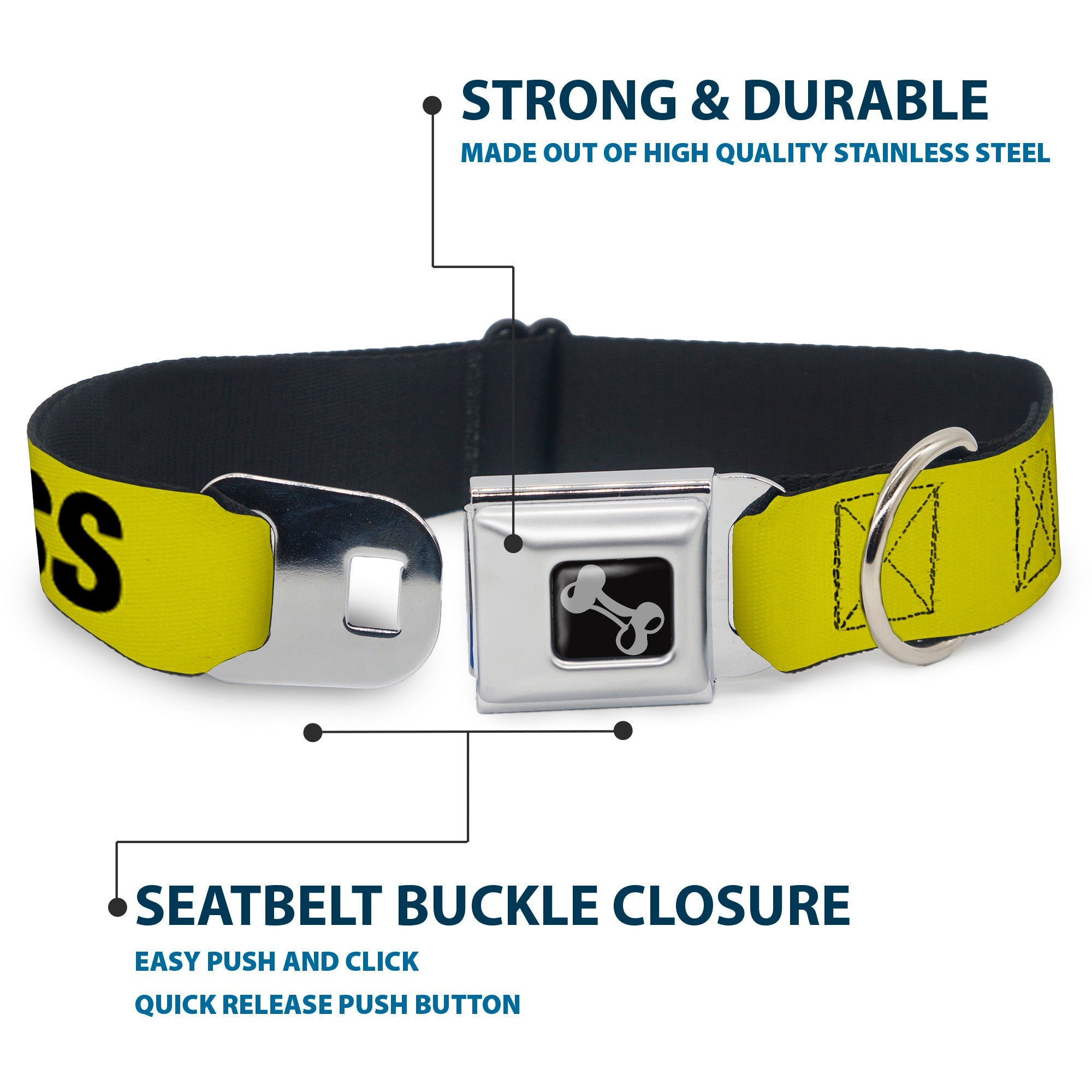 Dog Bone Seatbelt Buckle Collar - CRIME SCENE DO NOT CROSS Yellow/Black