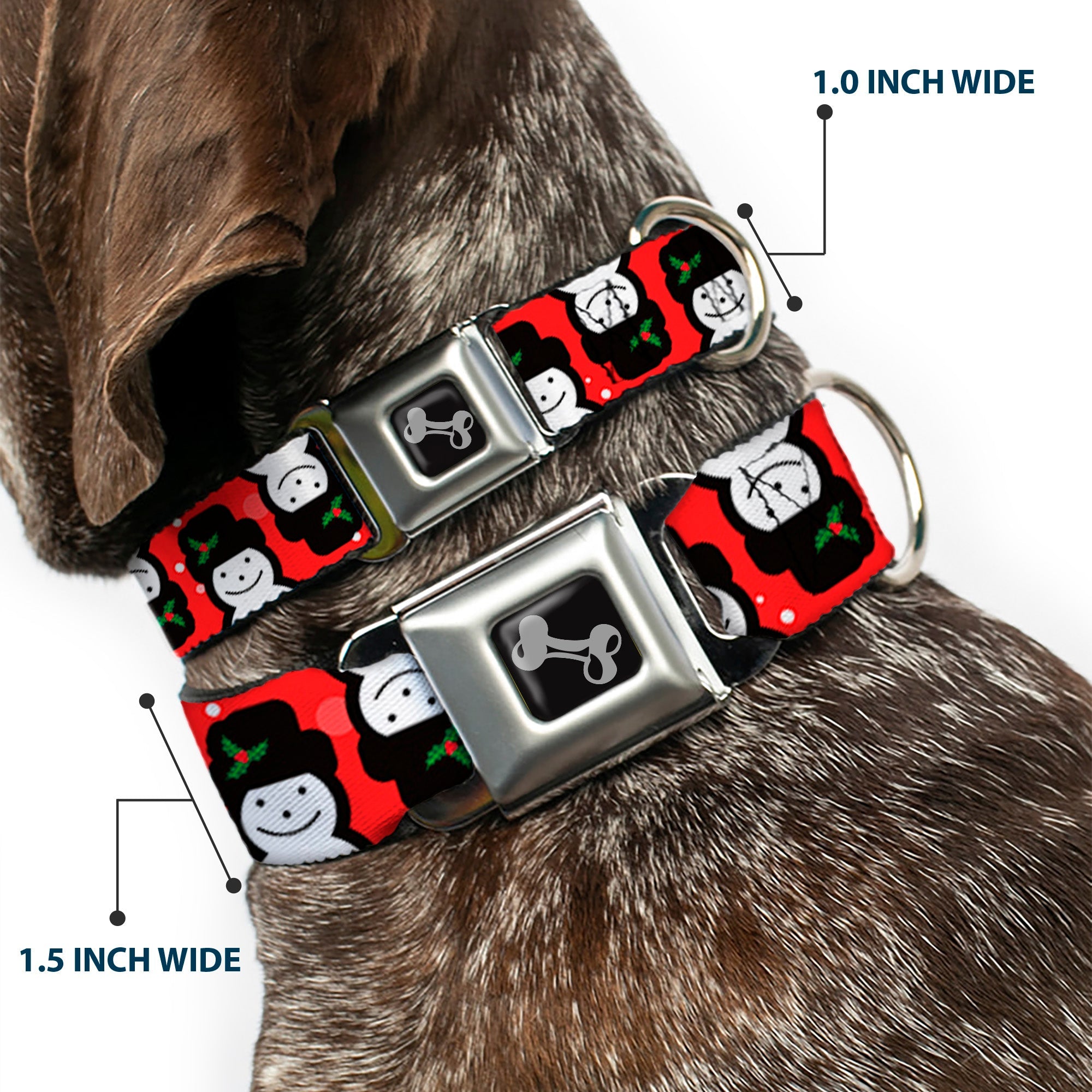 Dog Bone Black/Silver Seatbelt Buckle Collar - Christmas Snowman Flip Red/White