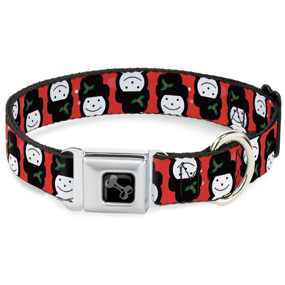 Dog Bone Black/Silver Seatbelt Buckle Collar - Christmas Snowman Flip Red/White
