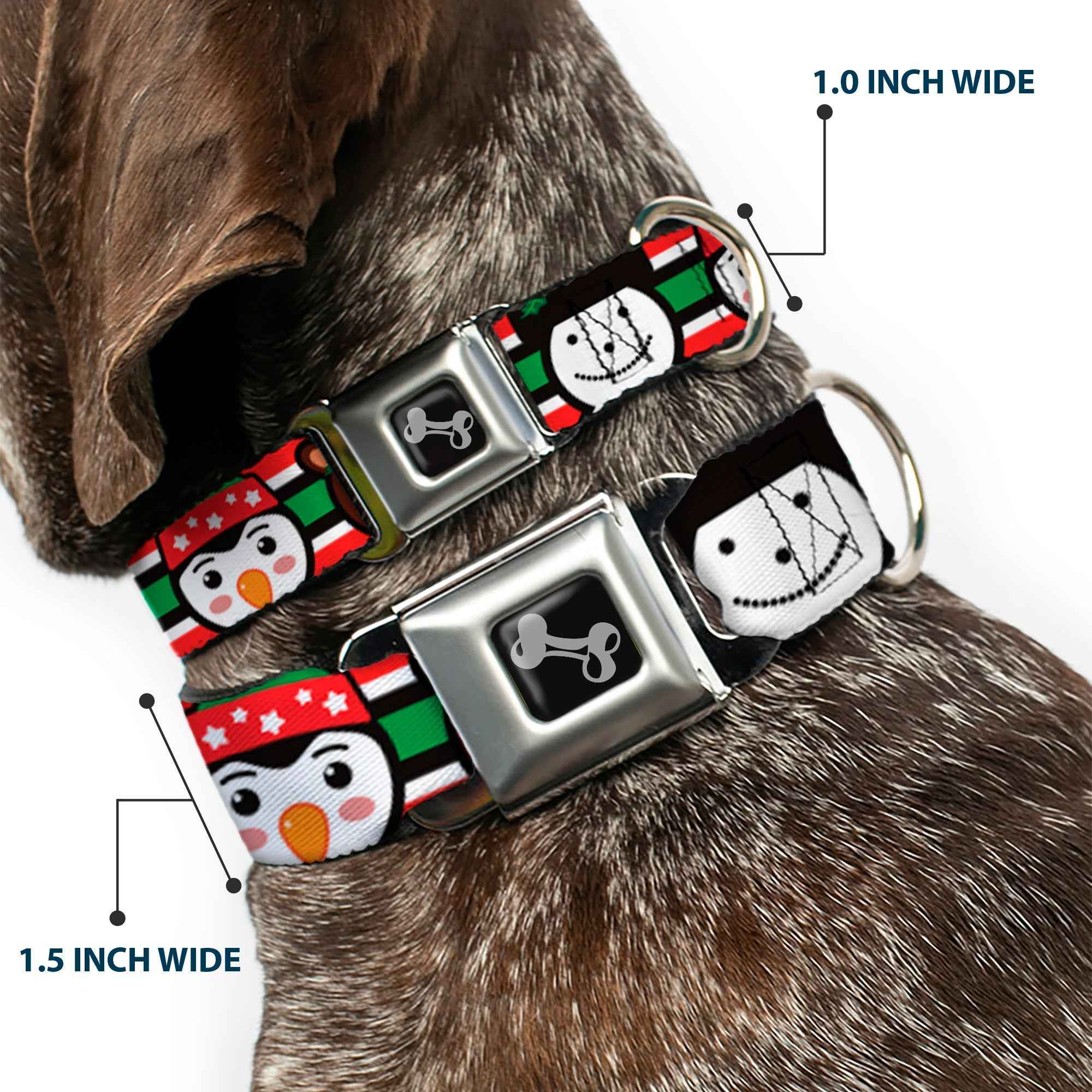 Buckle-Down Dog Bone Black/Silver Seatbelt Buckle Dog Collar - Christmas Penguin/Reindeer/Snowman Stripe Red/White/Black/Green