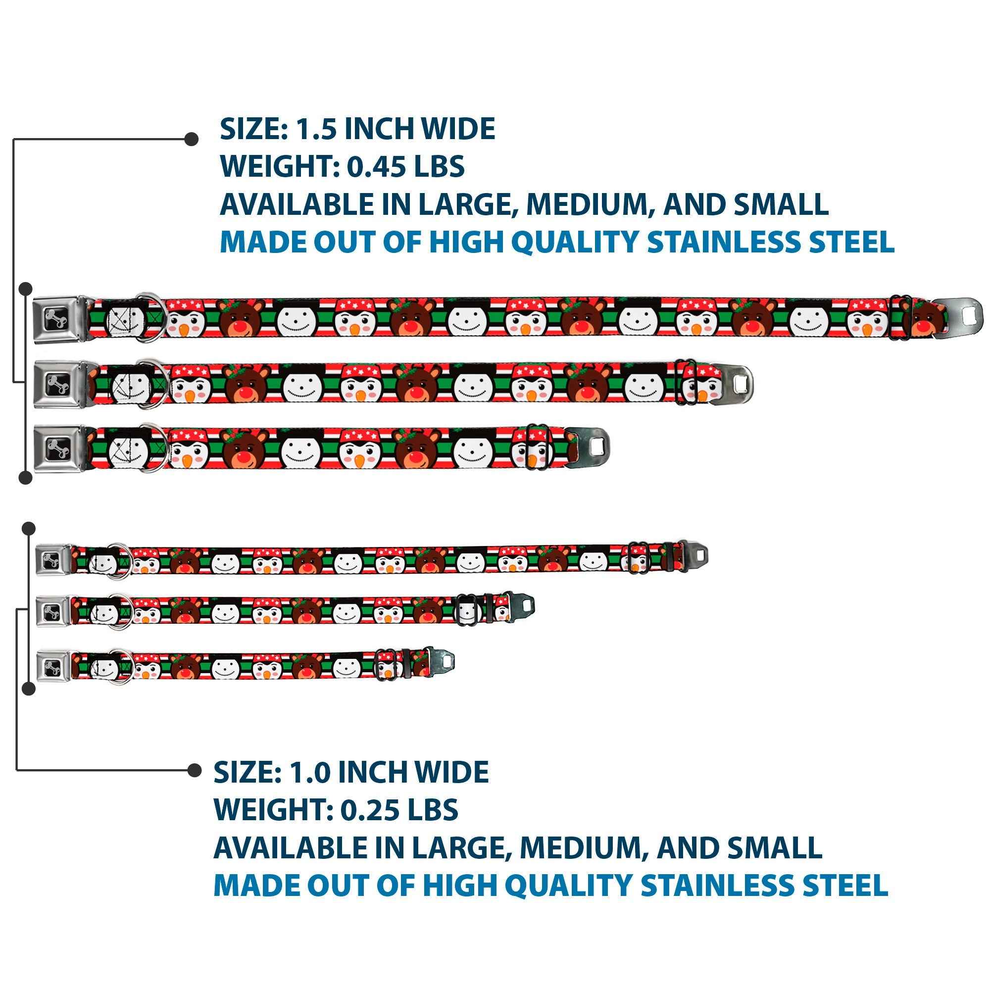 Buckle-Down Dog Bone Black/Silver Seatbelt Buckle Dog Collar - Christmas Penguin/Reindeer/Snowman Stripe Red/White/Black/Green