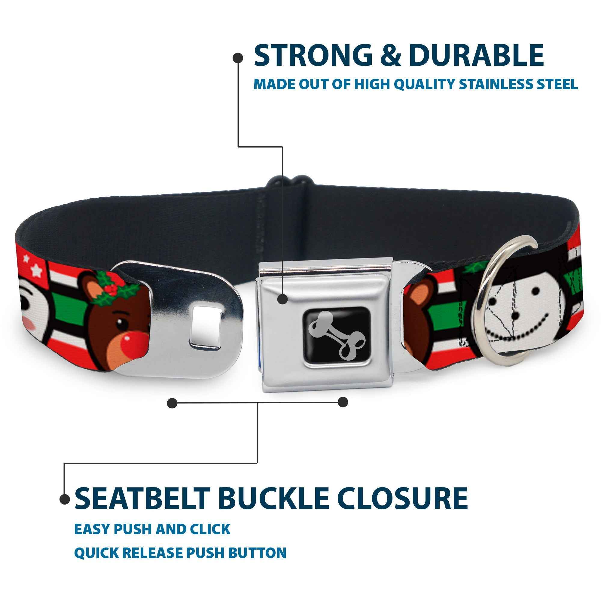 Buckle-Down Dog Bone Black/Silver Seatbelt Buckle Dog Collar - Christmas Penguin/Reindeer/Snowman Stripe Red/White/Black/Green