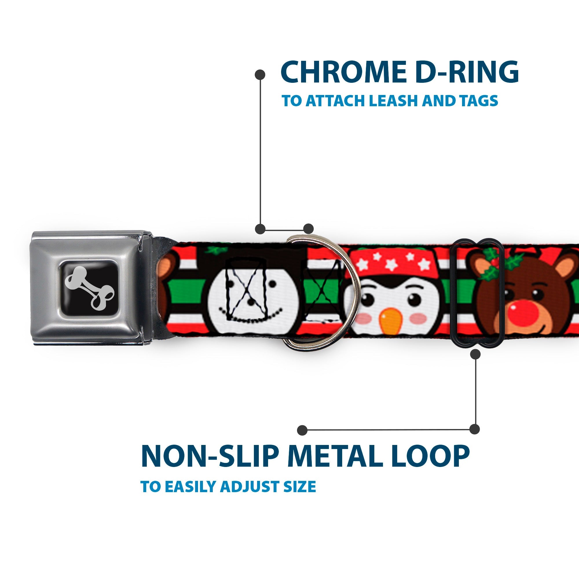 Buckle-Down Dog Bone Black/Silver Seatbelt Buckle Dog Collar - Christmas Penguin/Reindeer/Snowman Stripe Red/White/Black/Green