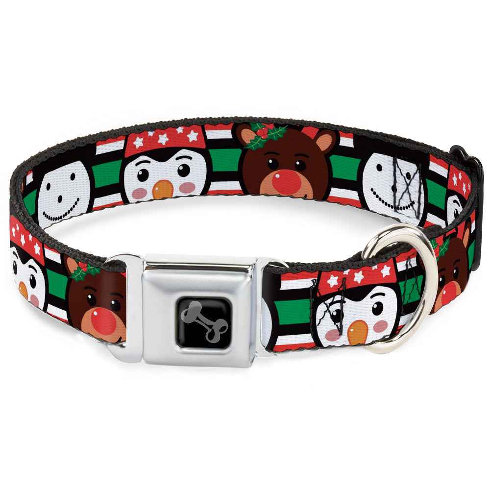 Buckle-Down Dog Bone Black/Silver Seatbelt Buckle Dog Collar - Christmas Penguin/Reindeer/Snowman Stripe Red/White/Black/Green