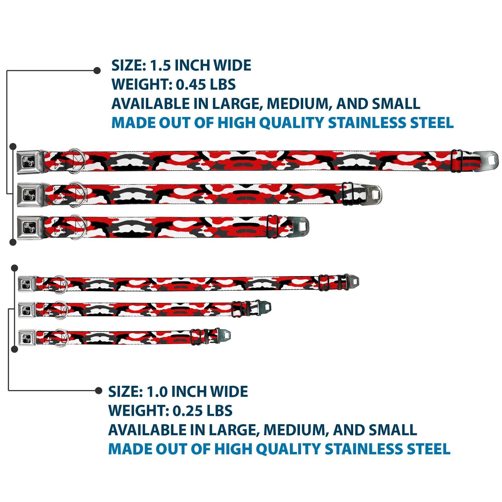 Buckle-Down Dog Bone Black/Silver Seatbelt Buckle Dog Collar - Camo Red/Black/Gray/White