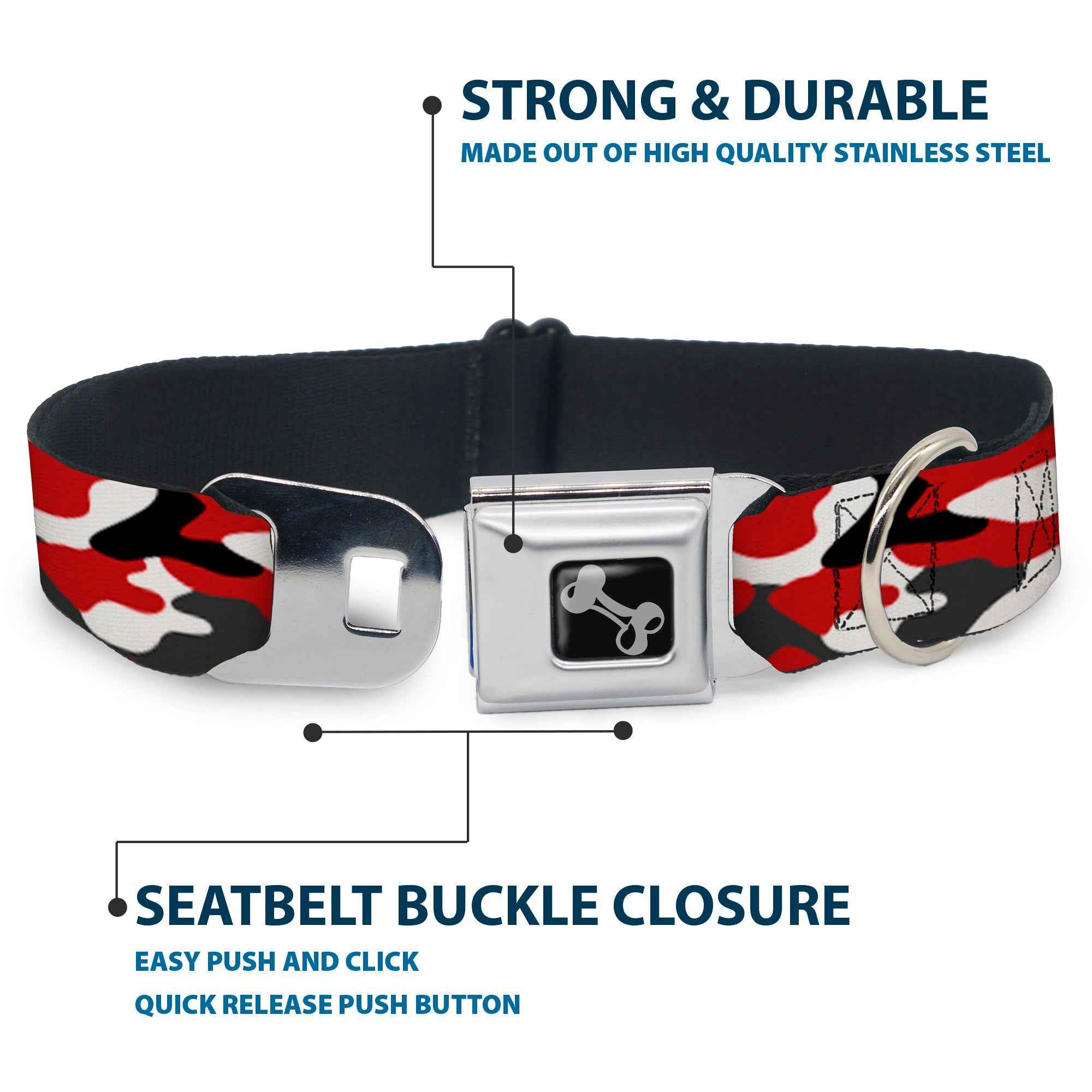Buckle-Down Dog Bone Black/Silver Seatbelt Buckle Dog Collar - Camo Red/Black/Gray/White