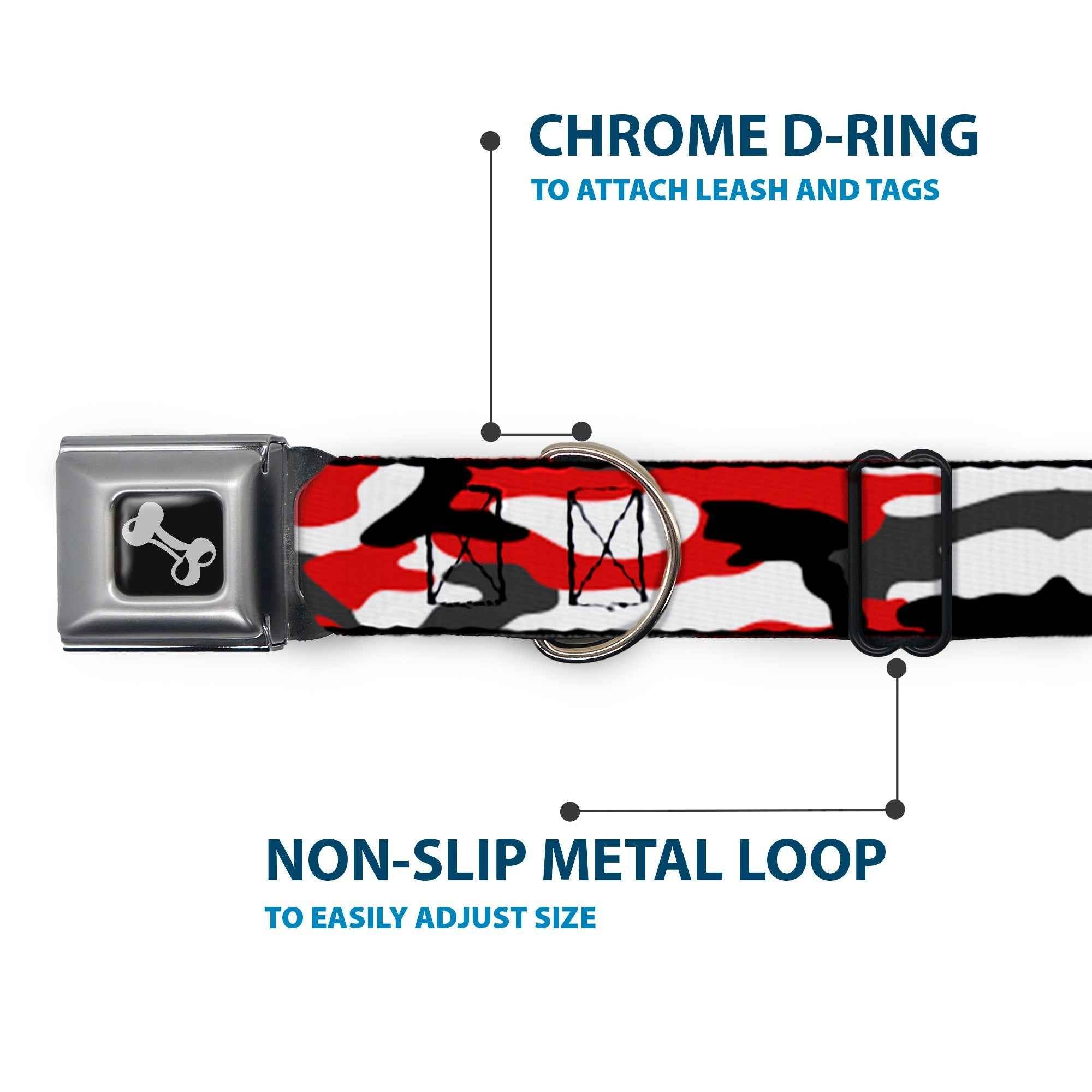 Buckle-Down Dog Bone Black/Silver Seatbelt Buckle Dog Collar - Camo Red/Black/Gray/White