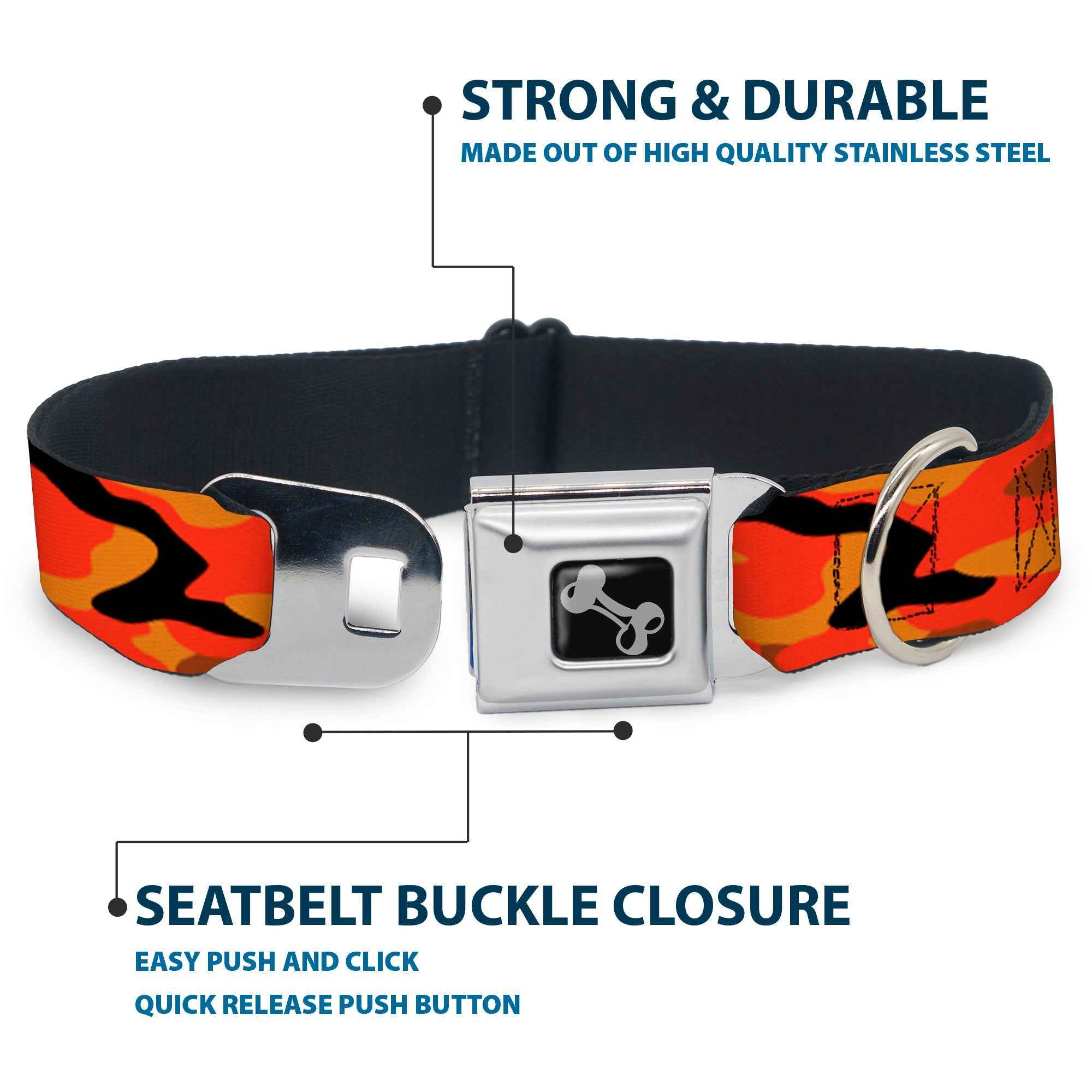 Buckle-Down Dog Bone Black/Silver Seatbelt Buckle Dog Collar - Camo Oranges/Black