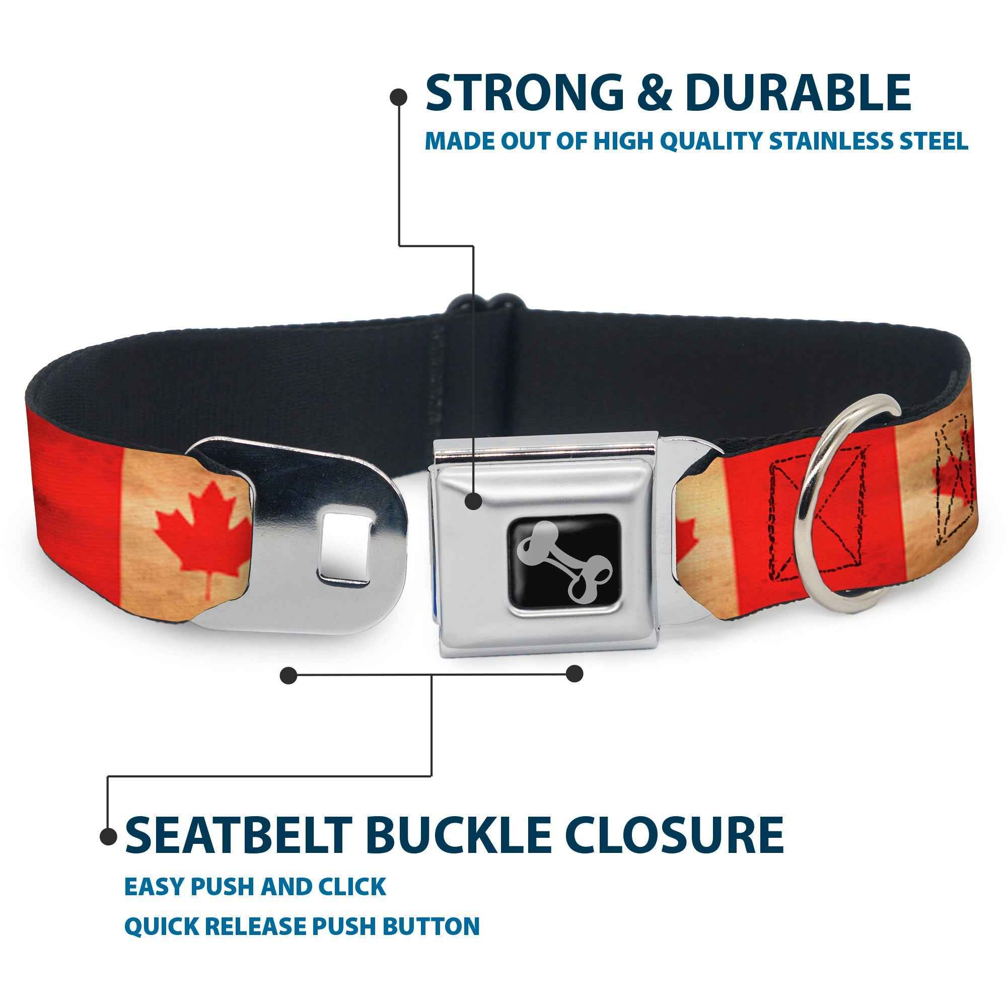 Buckle-Down Dog Bone Black/Silver Seatbelt Buckle Dog Collar - Canada Flag Continuous Vintage