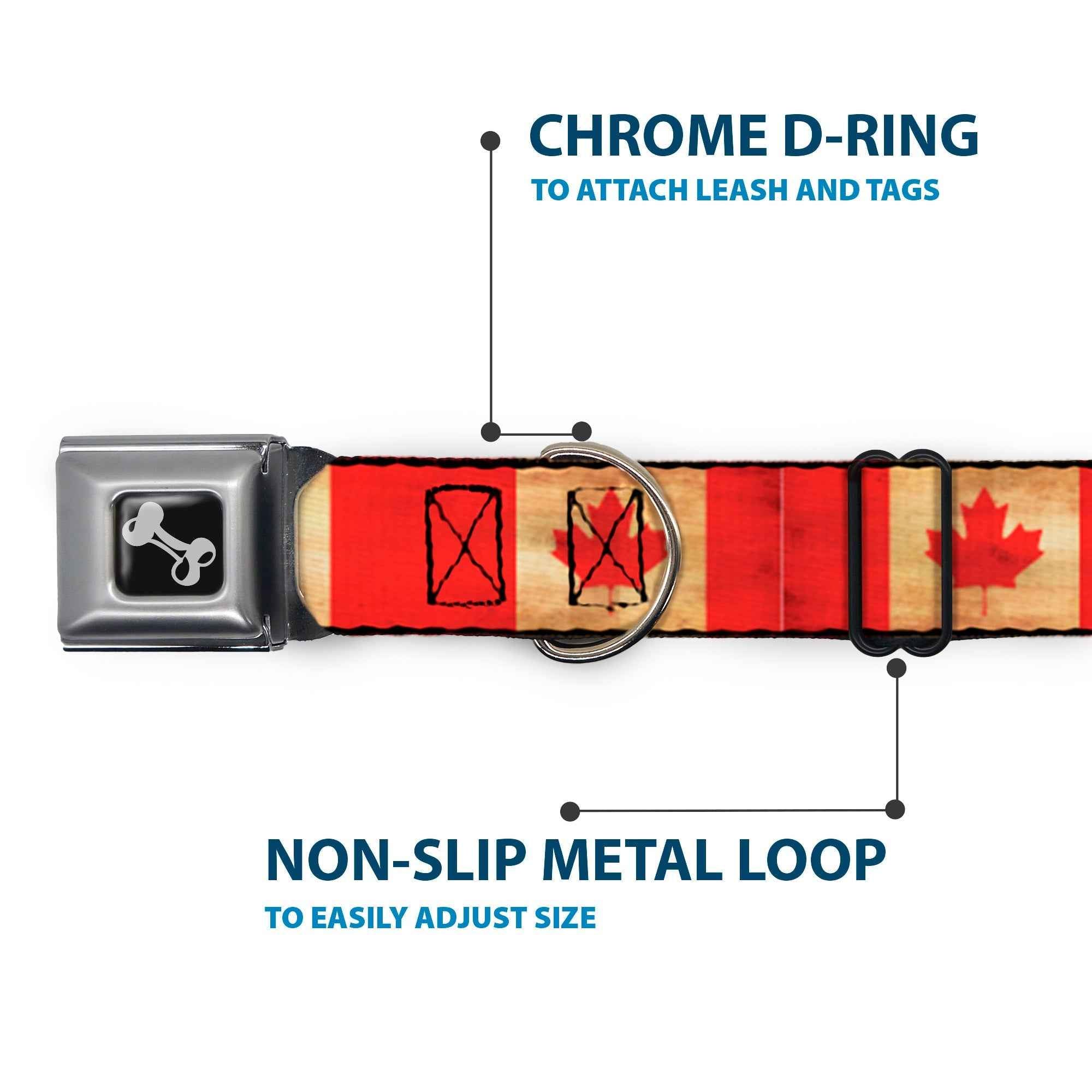 Buckle-Down Dog Bone Black/Silver Seatbelt Buckle Dog Collar - Canada Flag Continuous Vintage