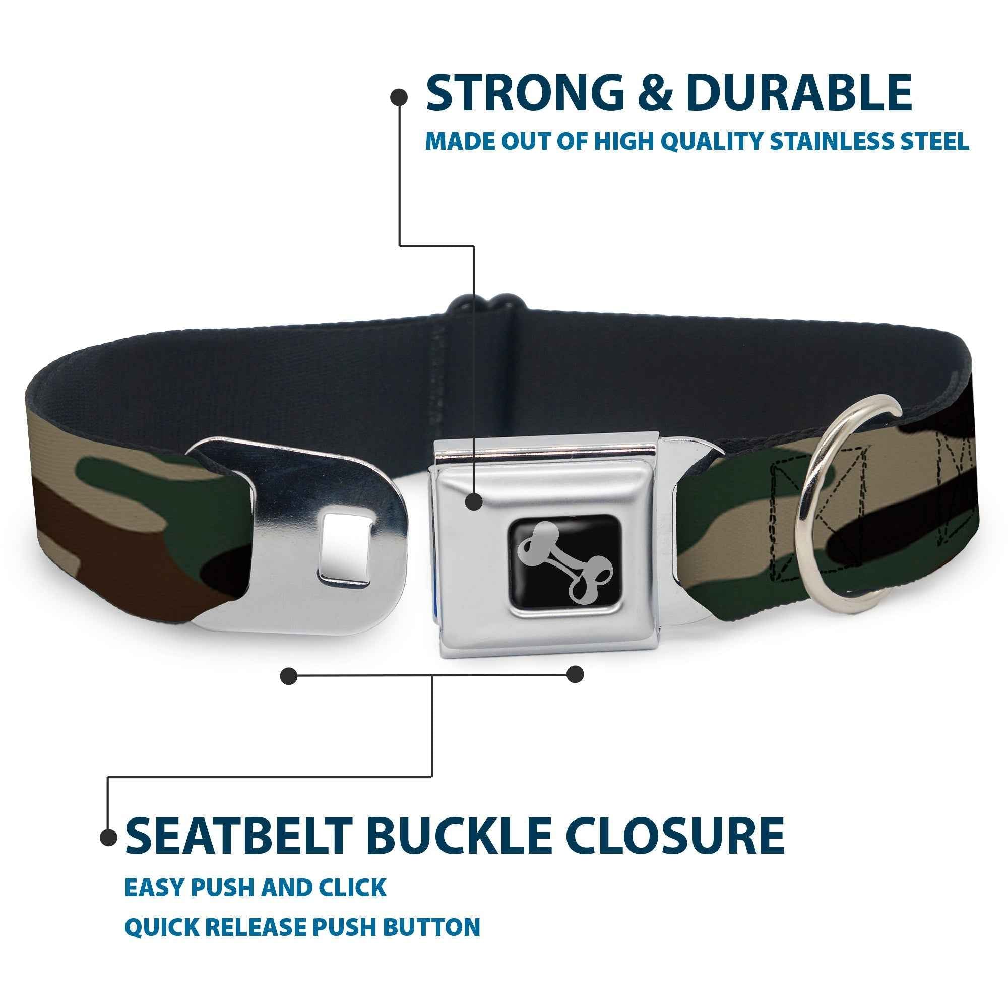 Buckle-Down Dog Bone Black/Silver Seatbelt Buckle Dog Collar - Camo Olive3