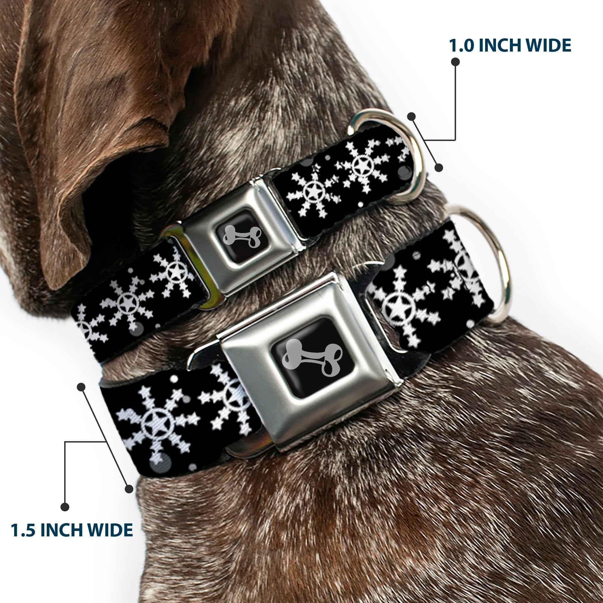 Buckle-Down Dog Bone Black/Silver Seatbelt Buckle Dog Collar - Starry Snowflakes Black/White/Gray