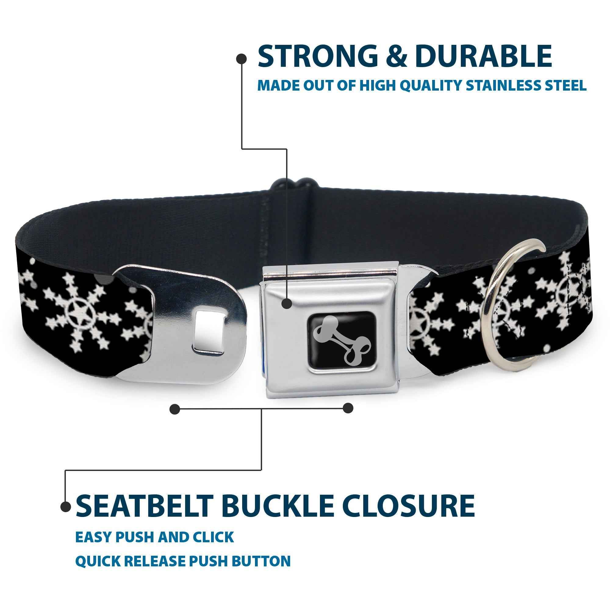 Buckle-Down Dog Bone Black/Silver Seatbelt Buckle Dog Collar - Starry Snowflakes Black/White/Gray