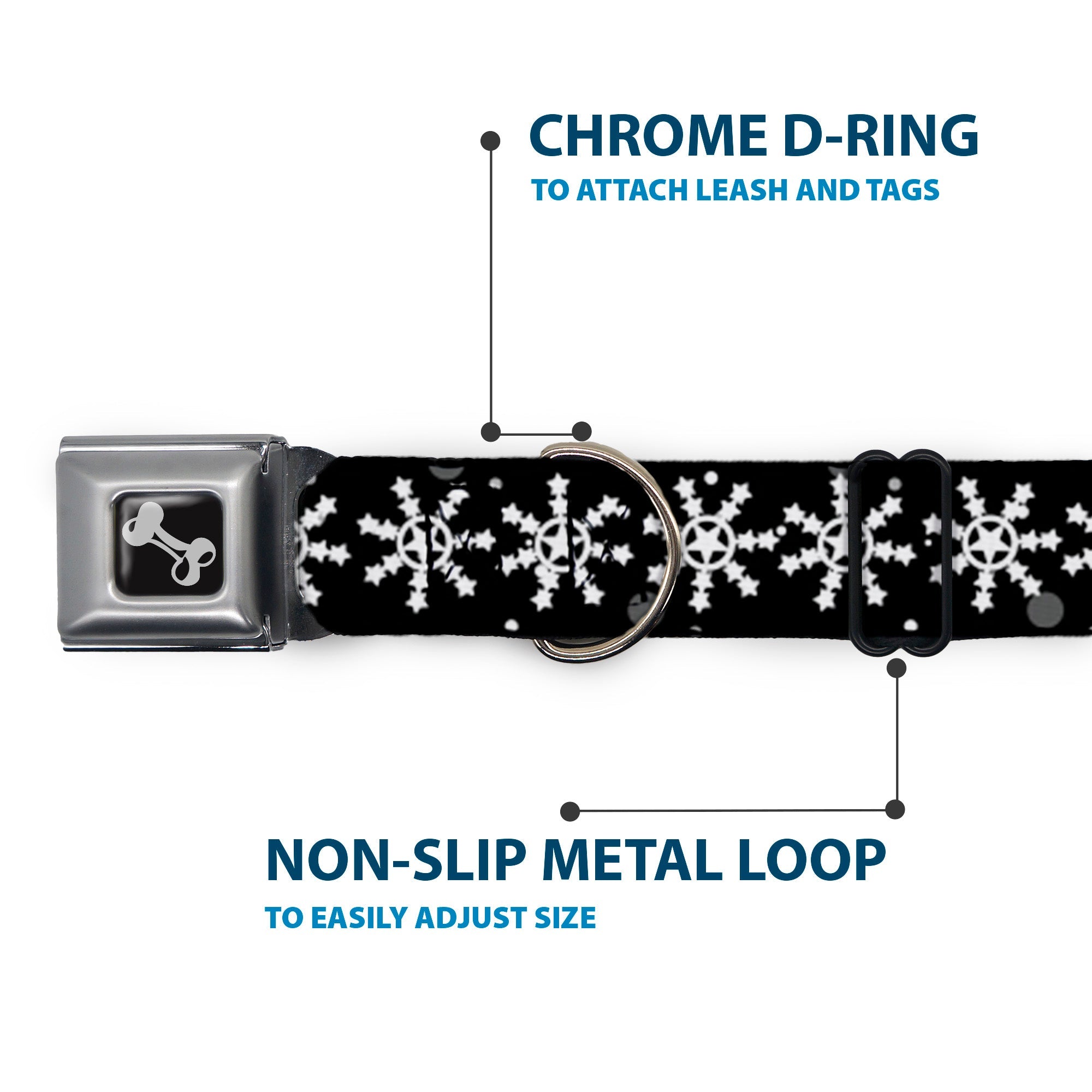 Buckle-Down Dog Bone Black/Silver Seatbelt Buckle Dog Collar - Starry Snowflakes Black/White/Gray