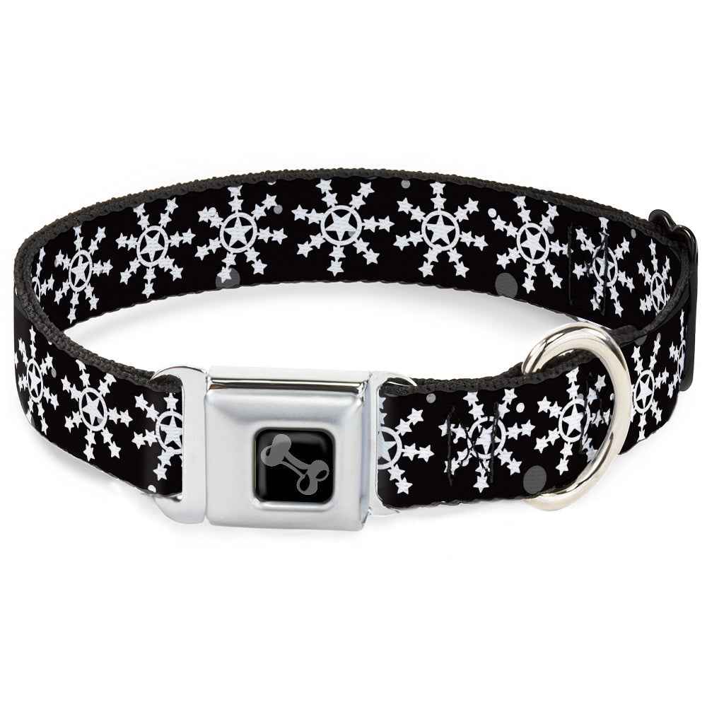 Buckle-Down Dog Bone Black/Silver Seatbelt Buckle Dog Collar - Starry Snowflakes Black/White/Gray