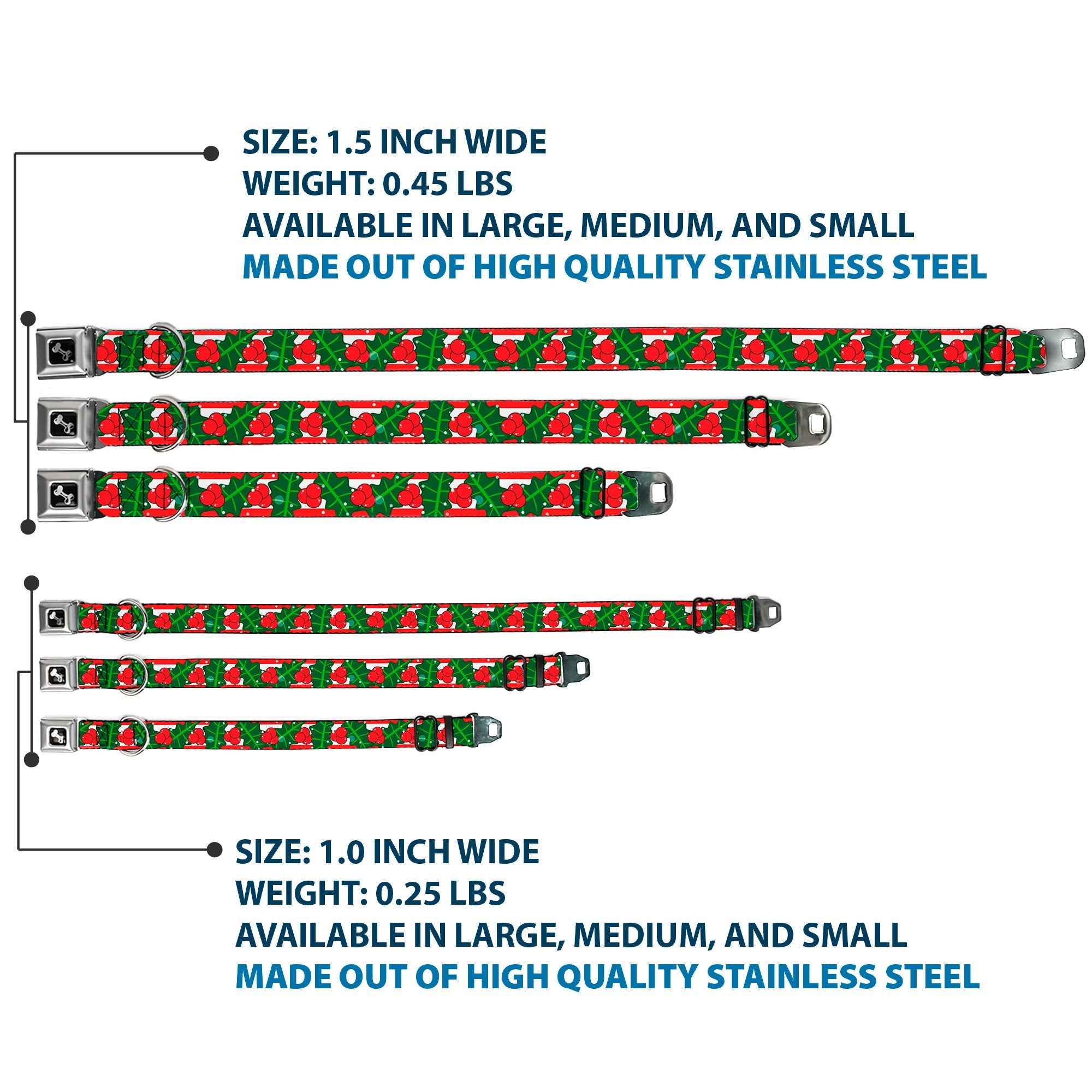 Buckle-Down Dog Bone Black/Silver Seatbelt Buckle Dog Collar - Snowy Holly Stripe Reds/White/Greens
