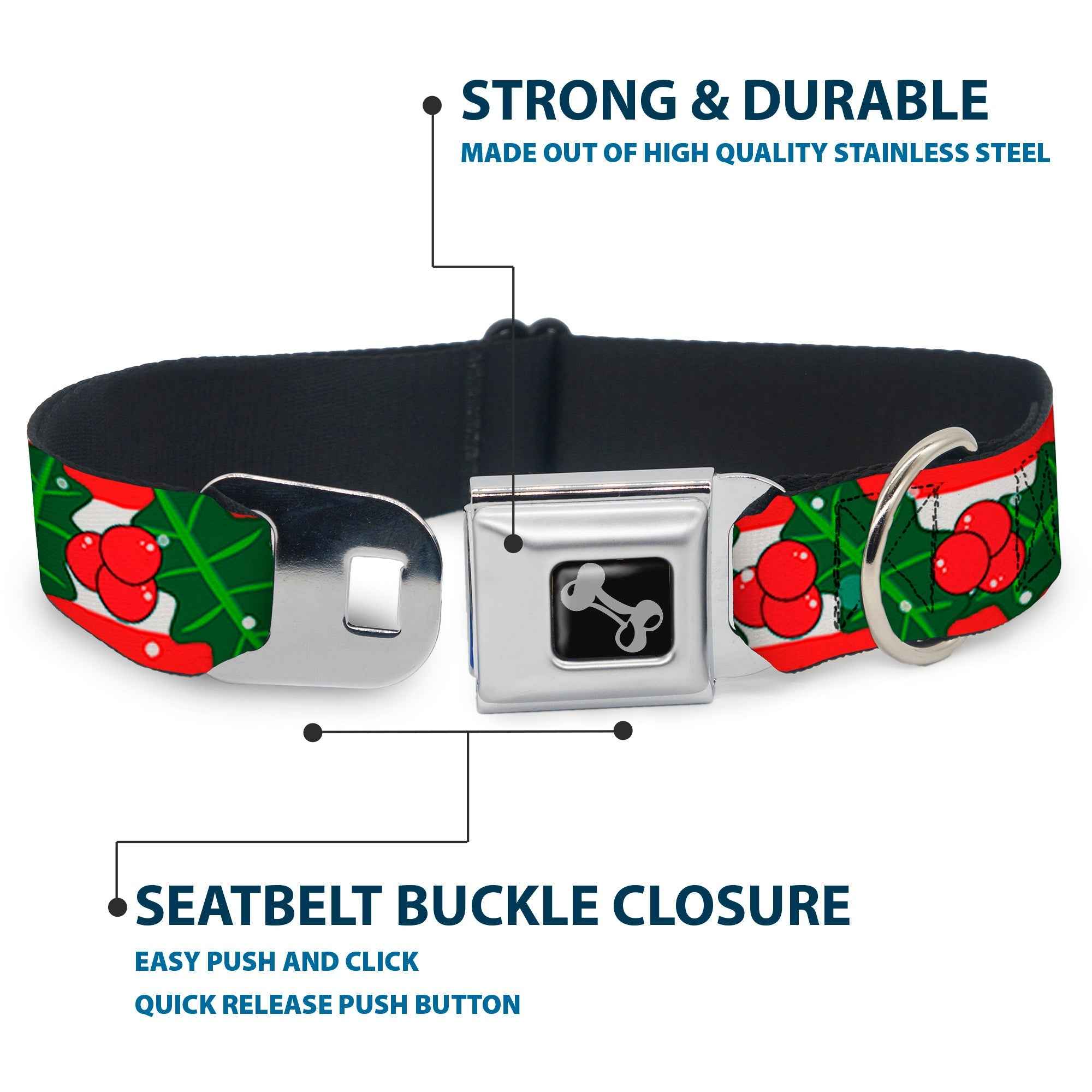 Buckle-Down Dog Bone Black/Silver Seatbelt Buckle Dog Collar - Snowy Holly Stripe Reds/White/Greens