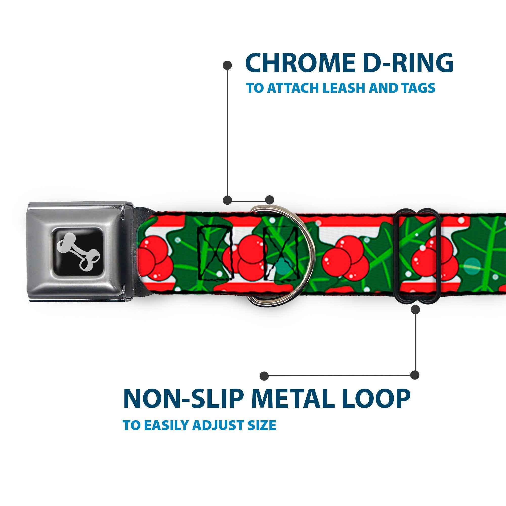Buckle-Down Dog Bone Black/Silver Seatbelt Buckle Dog Collar - Snowy Holly Stripe Reds/White/Greens
