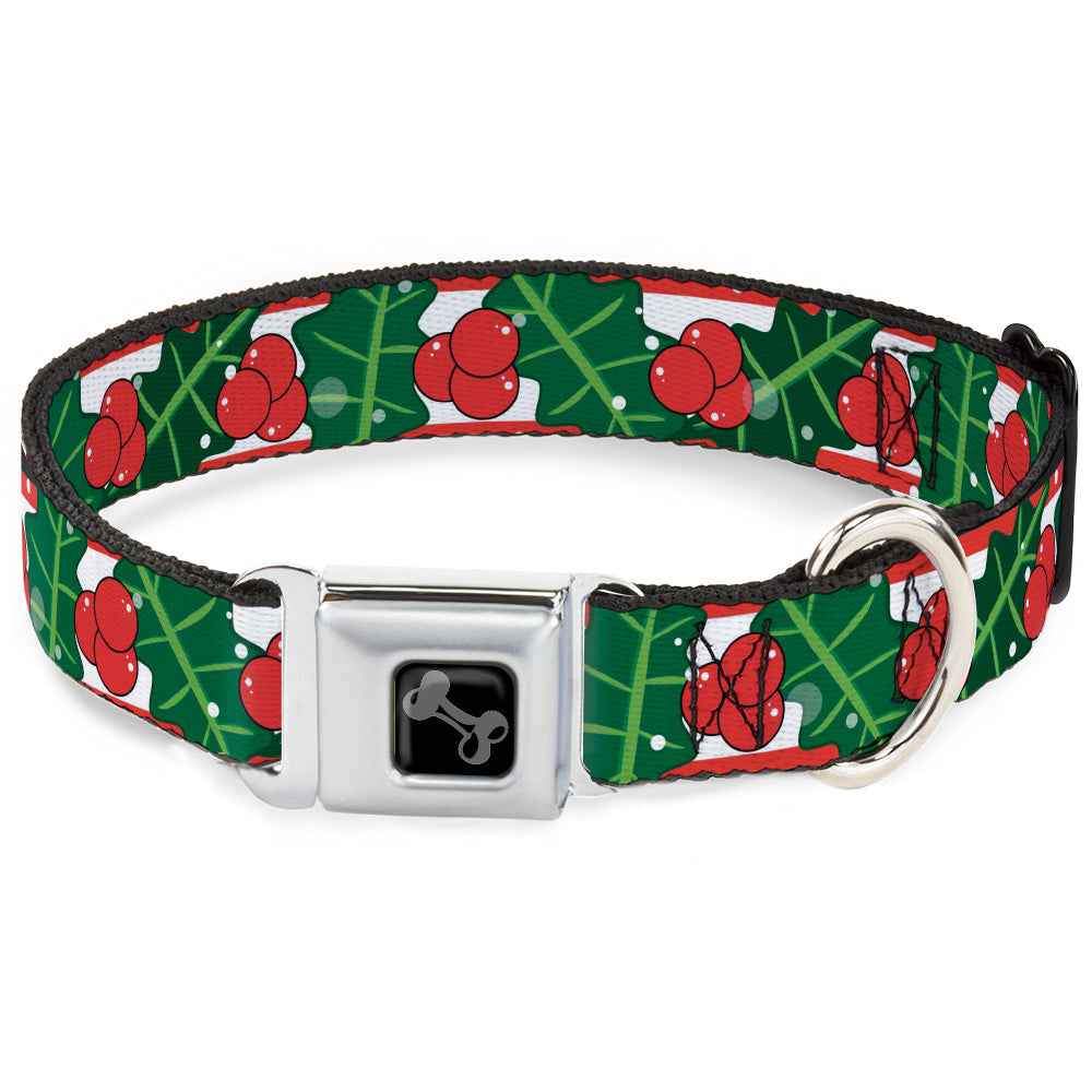 Buckle-Down Dog Bone Black/Silver Seatbelt Buckle Dog Collar - Snowy Holly Stripe Reds/White/Greens