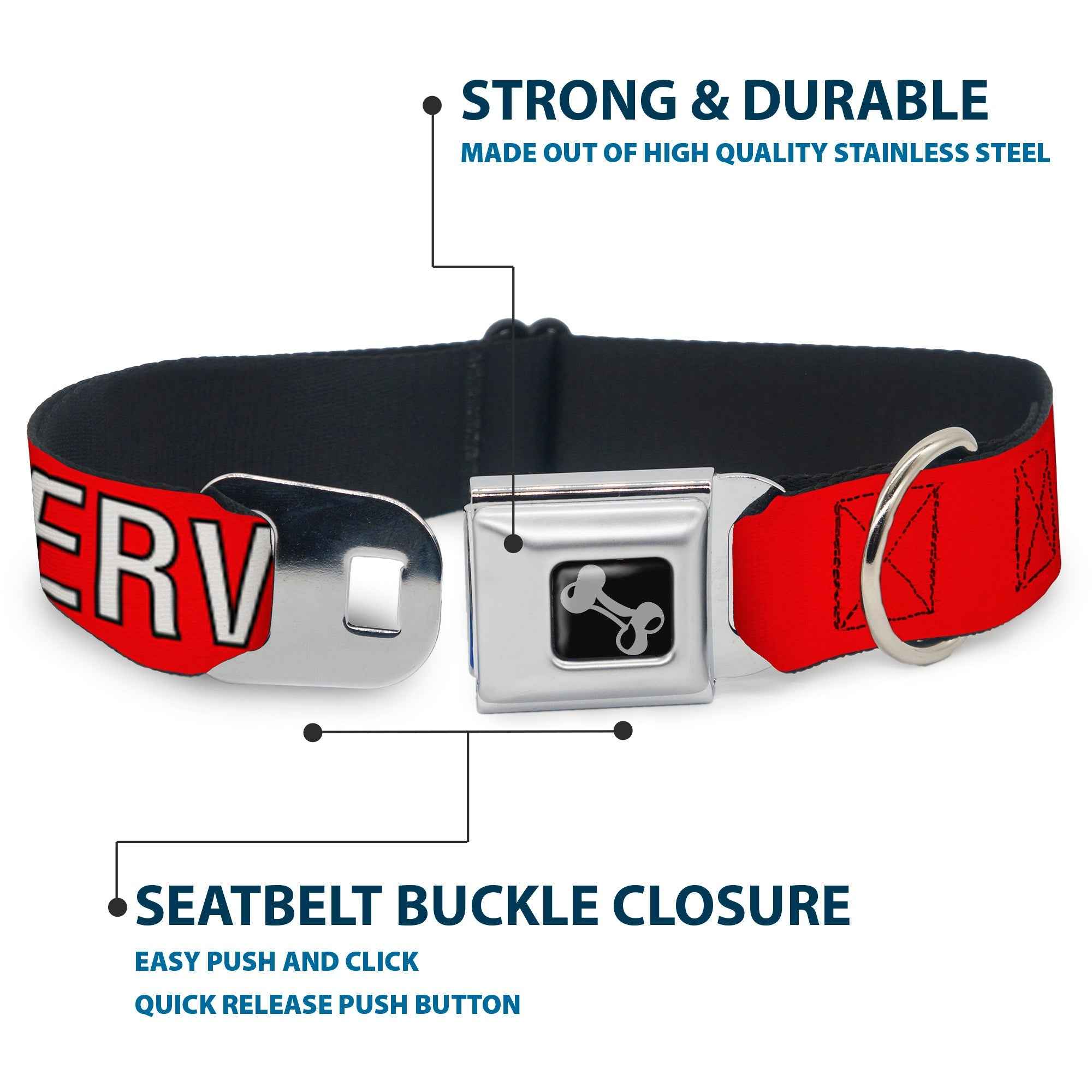 Buckle-Down Dog Bone Black/Silver Seatbelt Buckle Dog Collar - Service Dog Red/Black/White