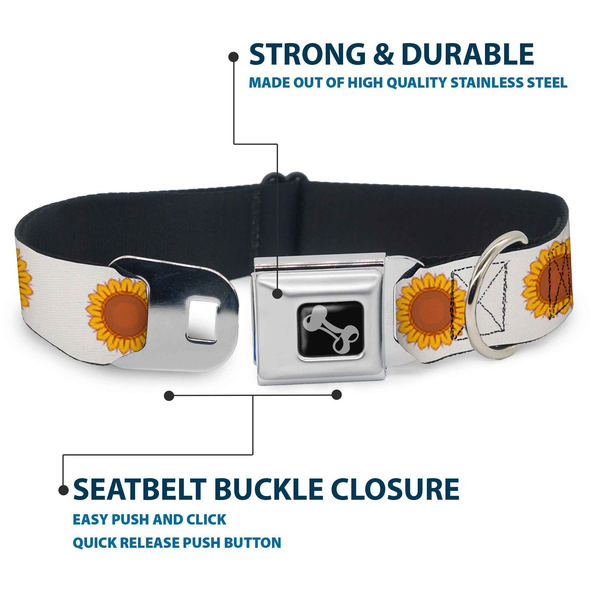 Buckle-Down Dog Bone Black/Silver Seatbelt Buckle Dog Collar - Sunflower Face Repeat White