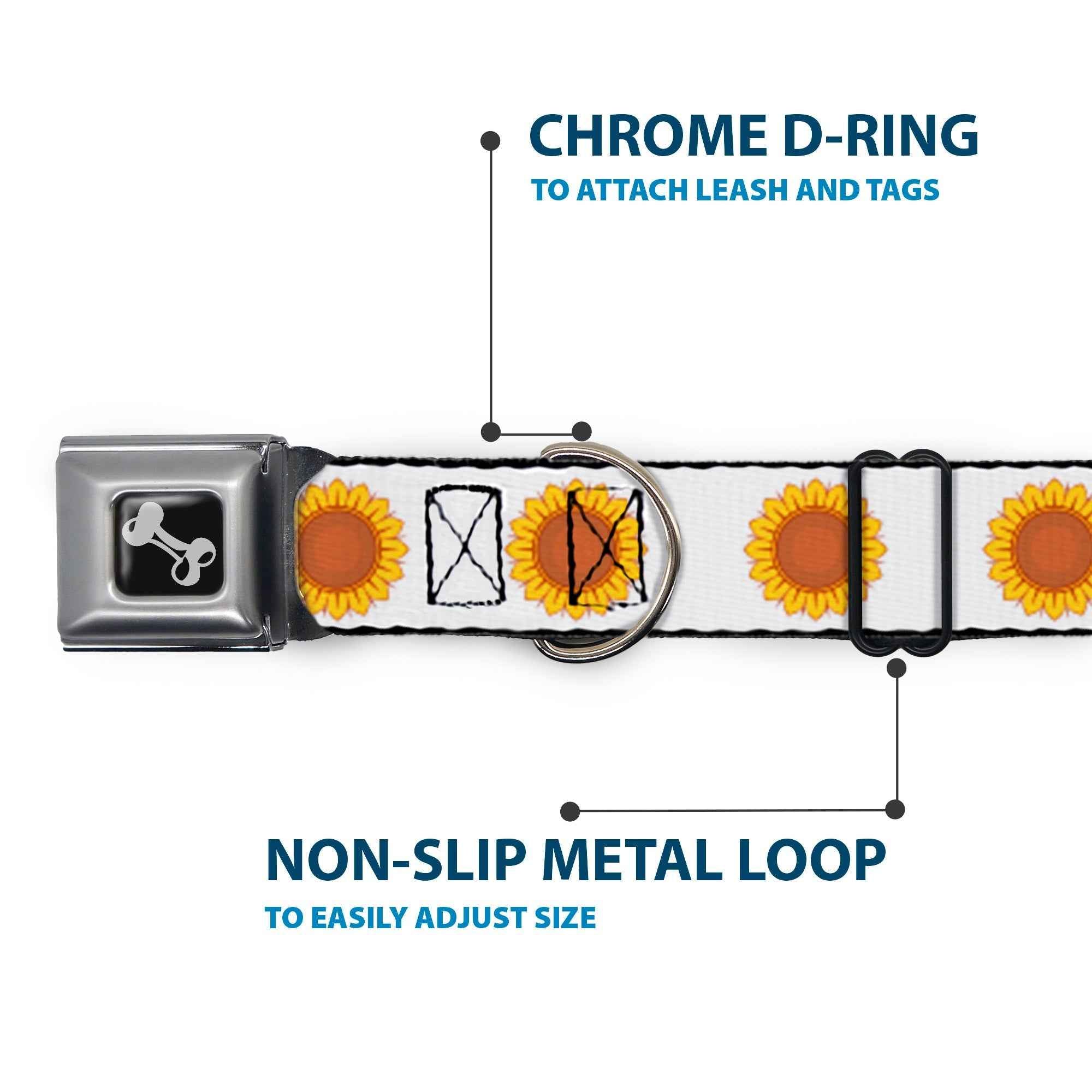 Buckle-Down Dog Bone Black/Silver Seatbelt Buckle Dog Collar - Sunflower Face Repeat White
