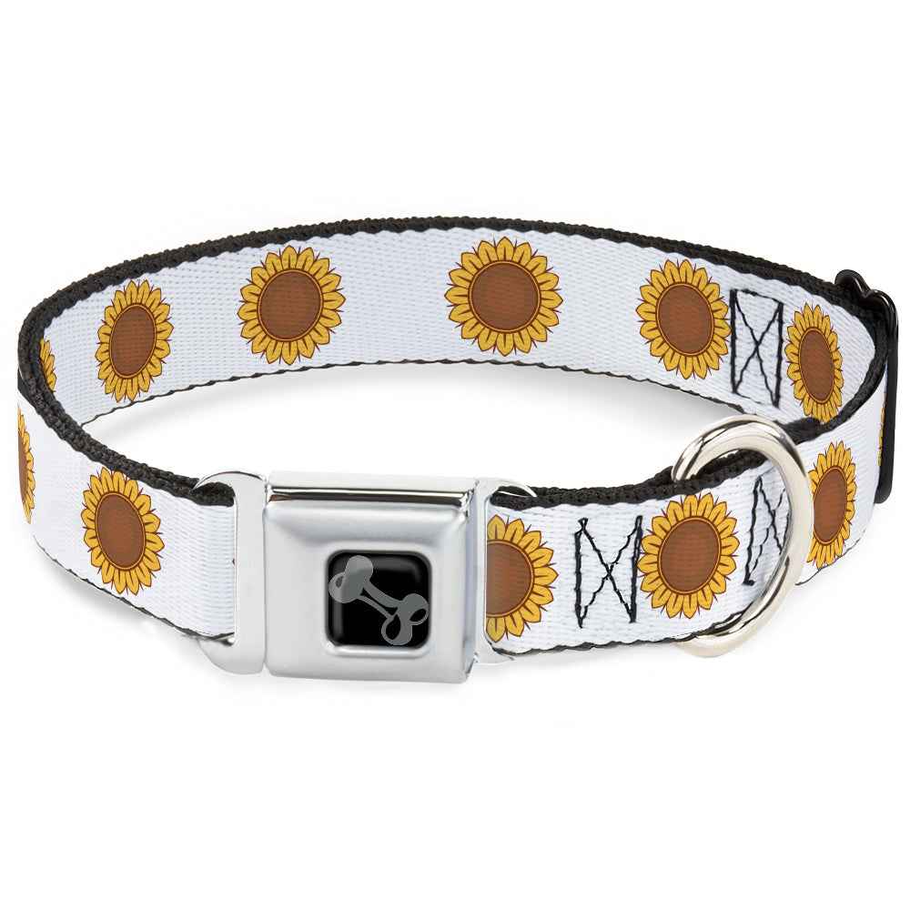 Buckle-Down Dog Bone Black/Silver Seatbelt Buckle Dog Collar - Sunflower Face Repeat White