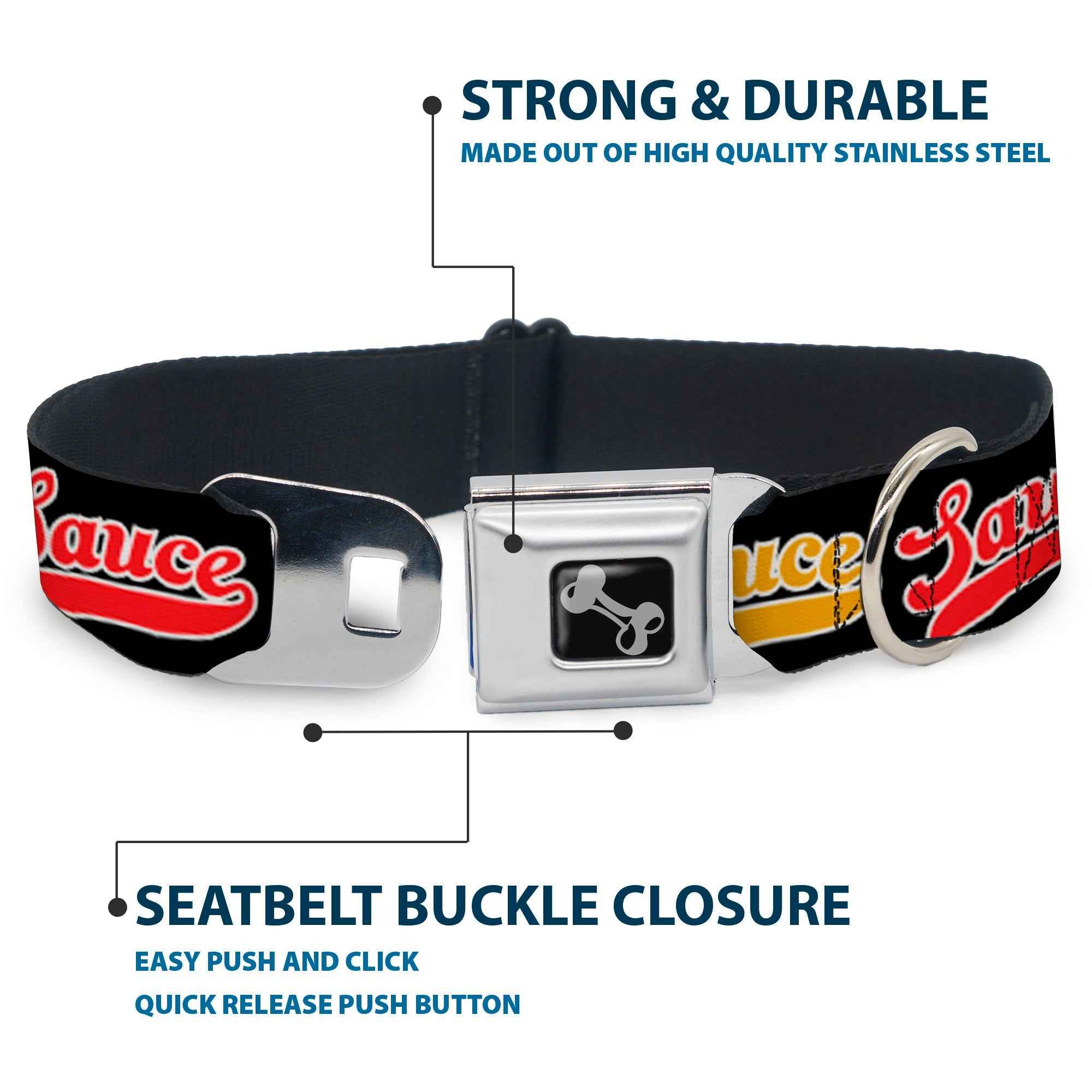 Buckle-Down Dog Bone Black/Silver Seatbelt Buckle Dog Collar - Sauce Baseball Script Black/Multicolor