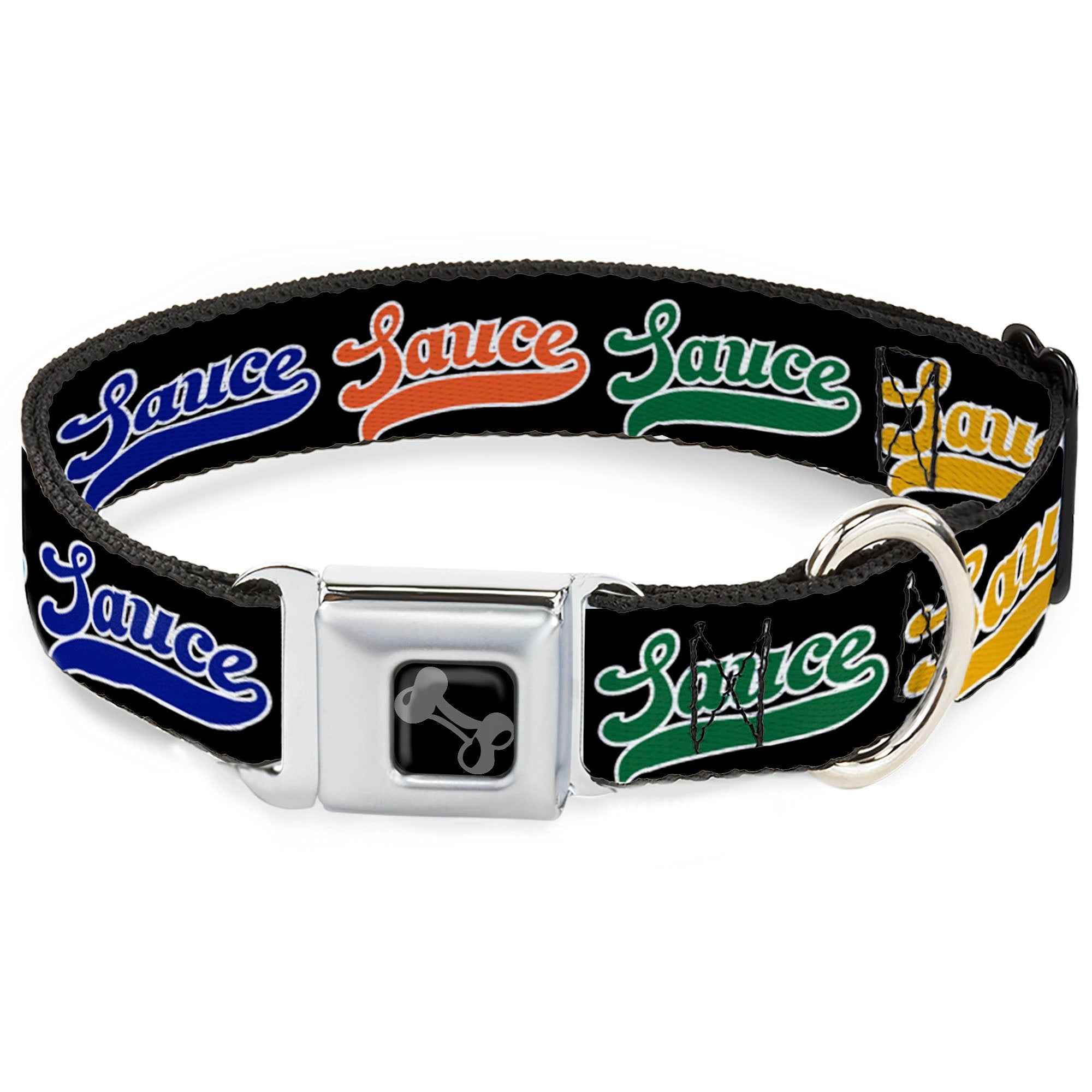 Buckle-Down Dog Bone Black/Silver Seatbelt Buckle Dog Collar - Sauce Baseball Script Black/Multicolor