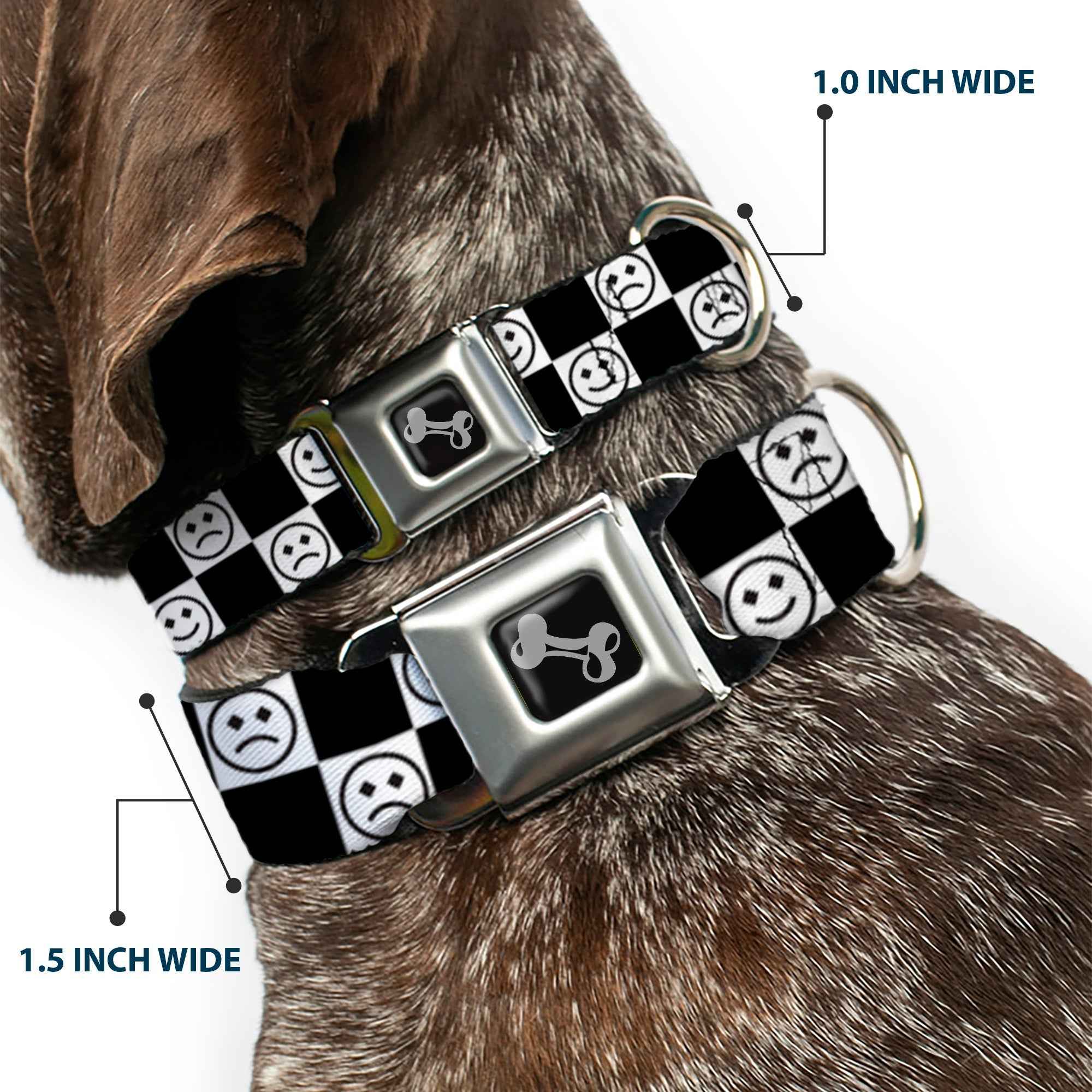 Buckle-Down Dog Bone Black/Silver Seatbelt Buckle Dog Collar - Smiley Sad Face Checker Black/White
