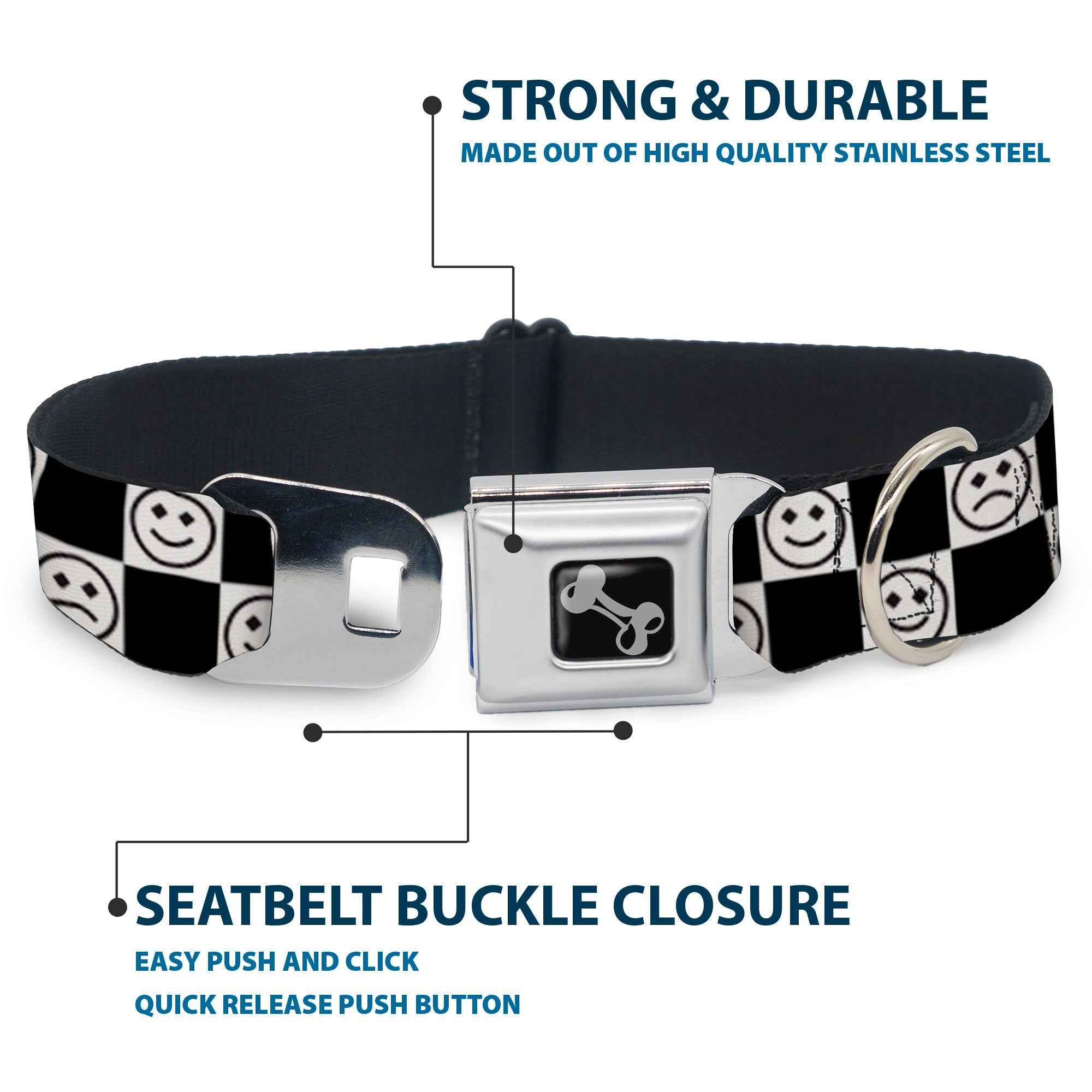 Buckle-Down Dog Bone Black/Silver Seatbelt Buckle Dog Collar - Smiley Sad Face Checker Black/White