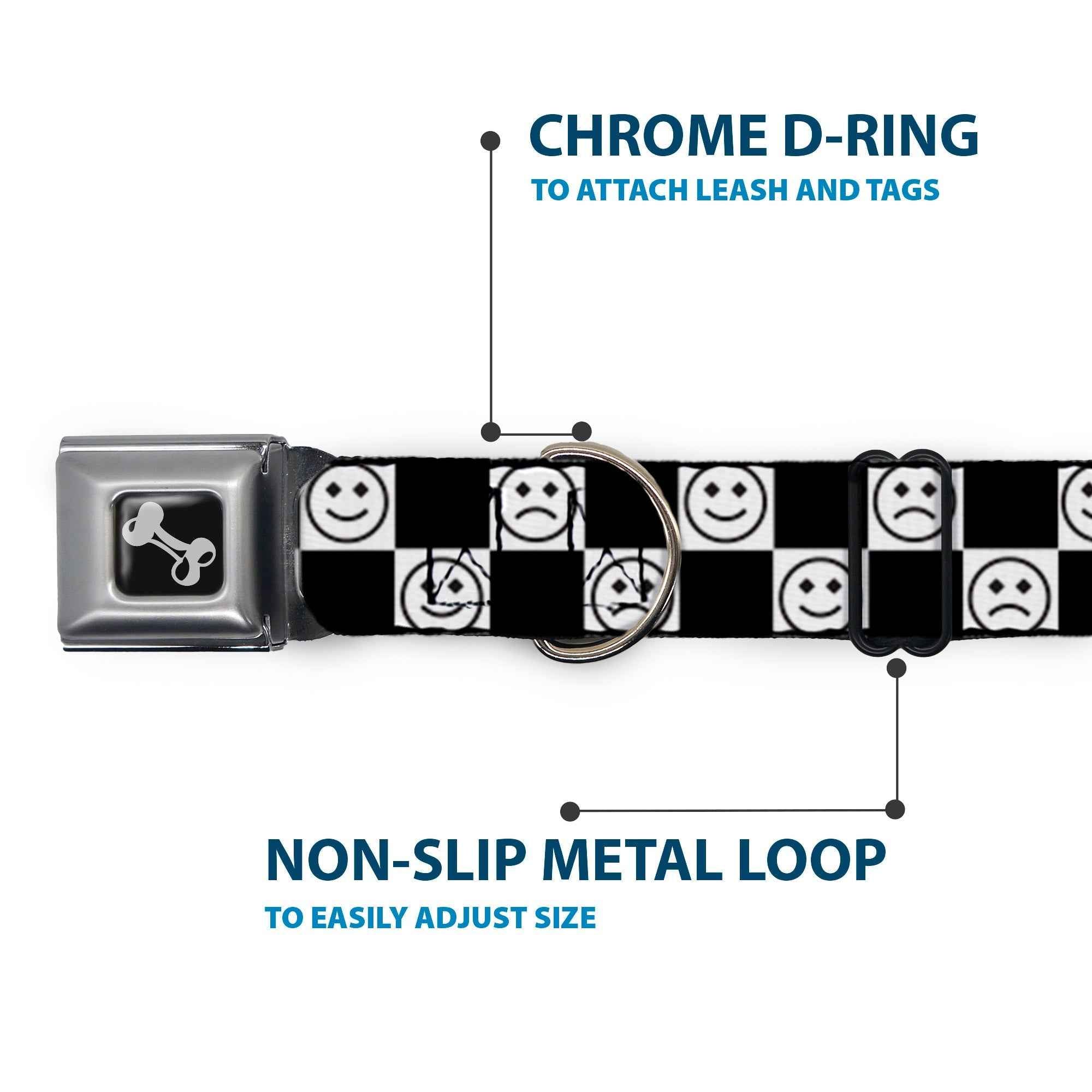 Buckle-Down Dog Bone Black/Silver Seatbelt Buckle Dog Collar - Smiley Sad Face Checker Black/White