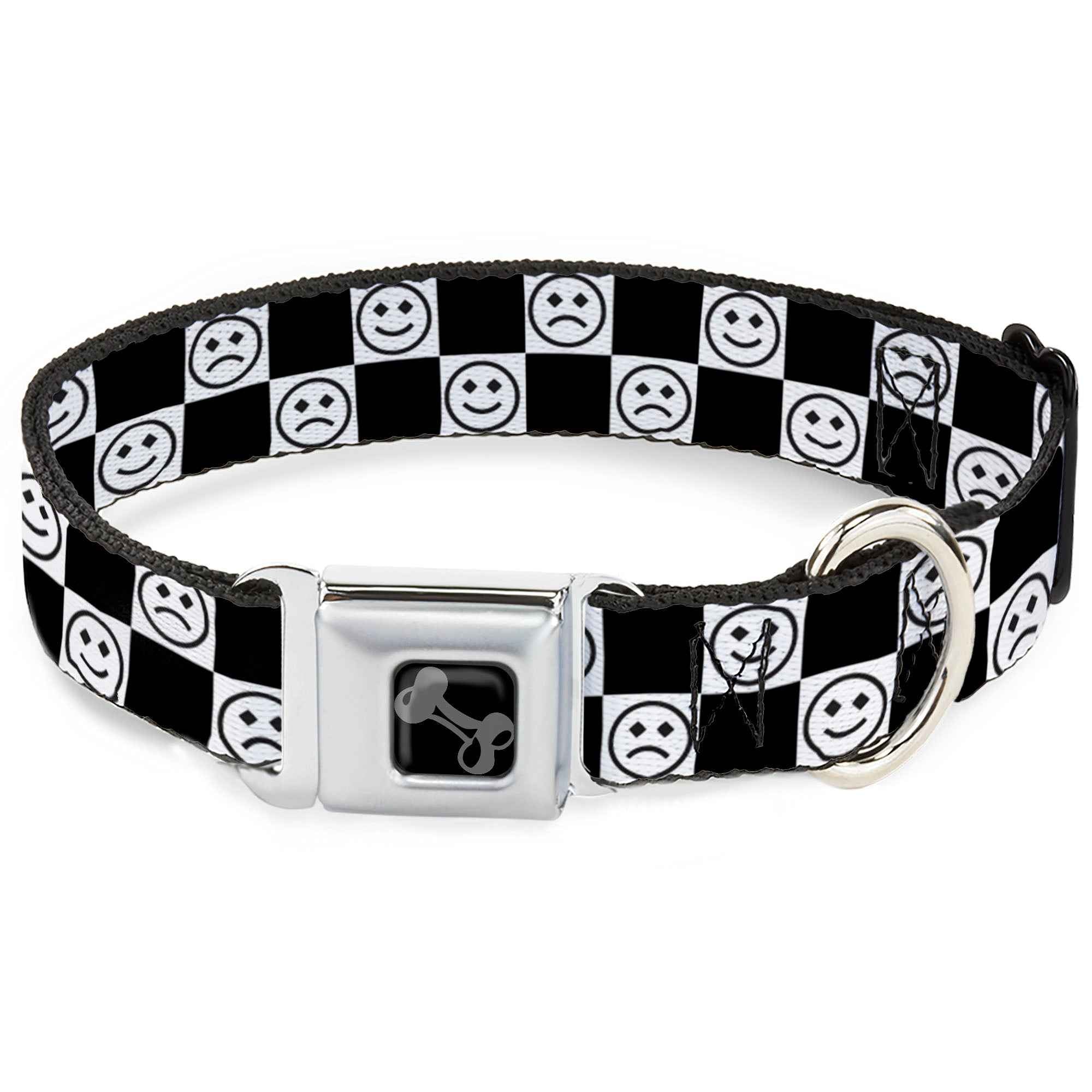 Buckle-Down Dog Bone Black/Silver Seatbelt Buckle Dog Collar - Smiley Sad Face Checker Black/White