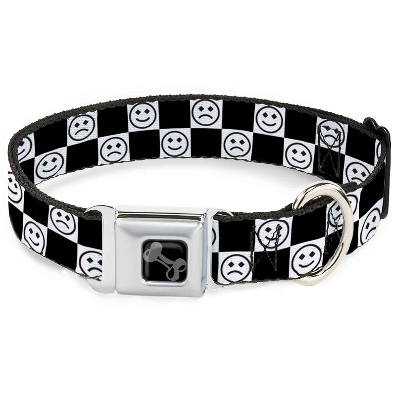 Buckle-Down Dog Bone Black/Silver Seatbelt Buckle Dog Collar - Smiley Sad Face Checker Black/White