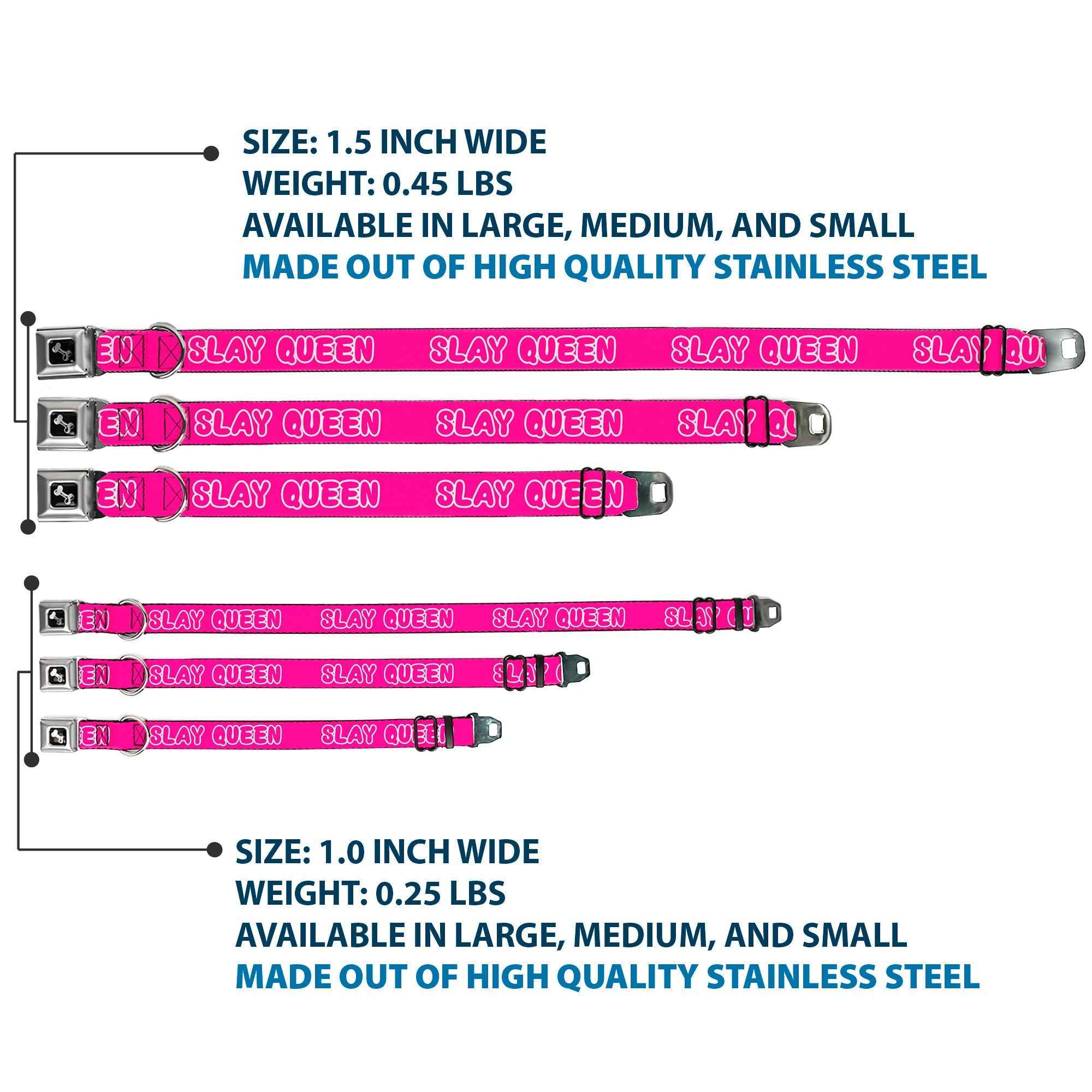 Buckle-Down Dog Bone Black/Silver Seatbelt Buckle Dog Collar - Slay Queen Bubble Text Pink/White