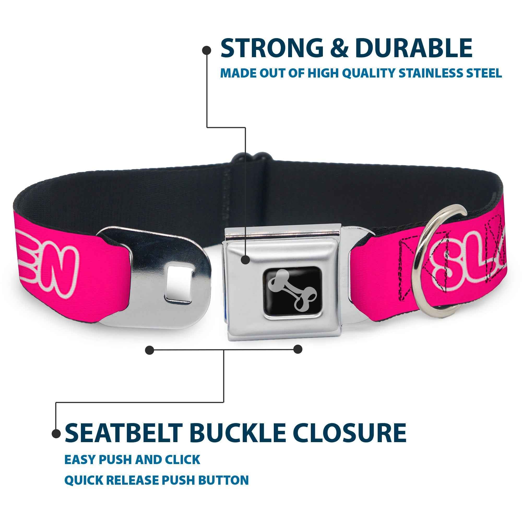 Buckle-Down Dog Bone Black/Silver Seatbelt Buckle Dog Collar - Slay Queen Bubble Text Pink/White