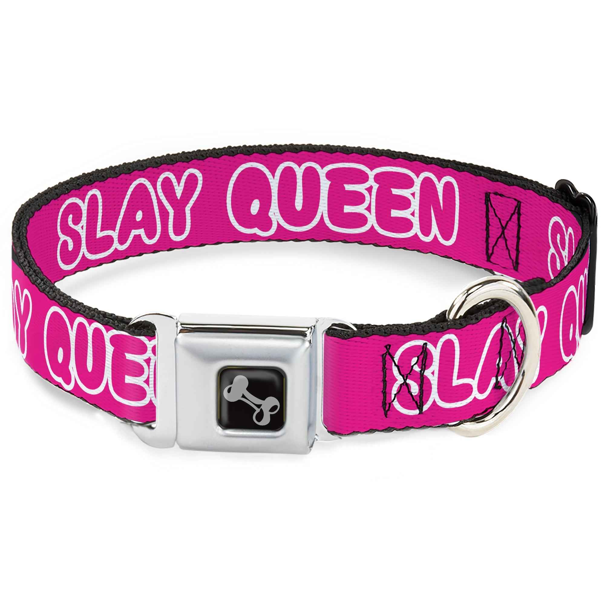Buckle-Down Dog Bone Black/Silver Seatbelt Buckle Dog Collar - Slay Queen Bubble Text Pink/White